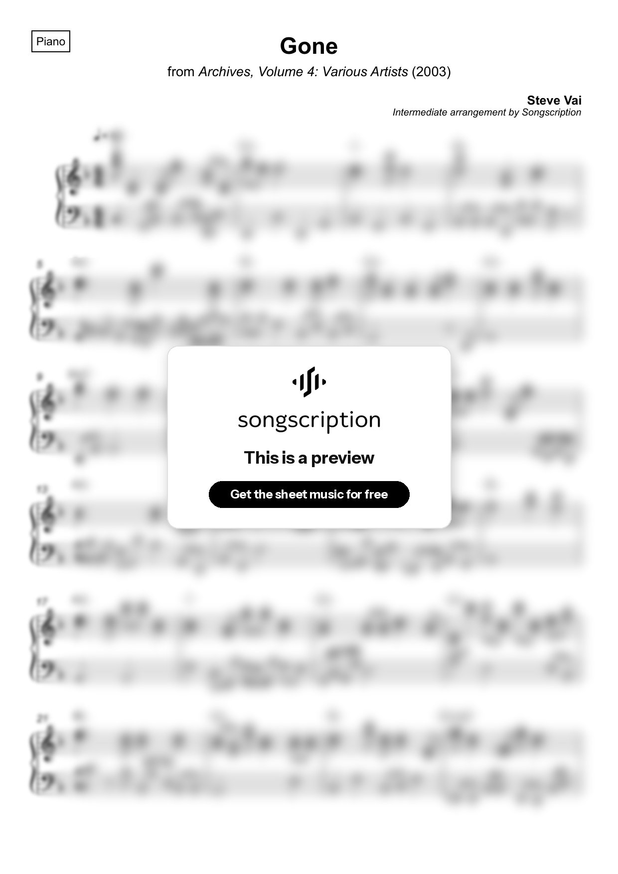 Intermediate Piano Sheet Music for "Gone" by Steve Vai