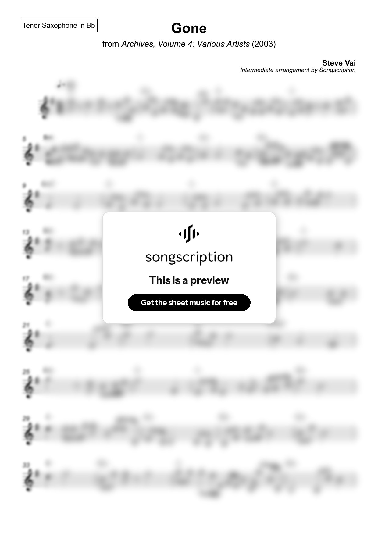 Intermediate Tenor Sax Sheet Music for "Gone" by Steve Vai