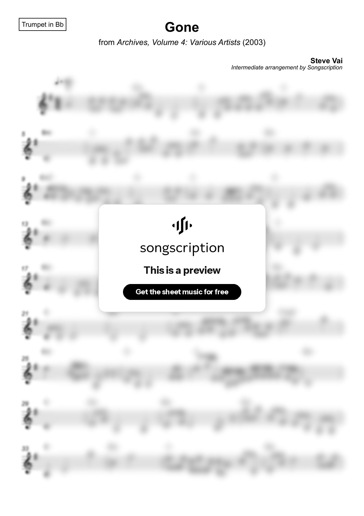 Intermediate Trumpet Sheet Music for "Gone" by Steve Vai