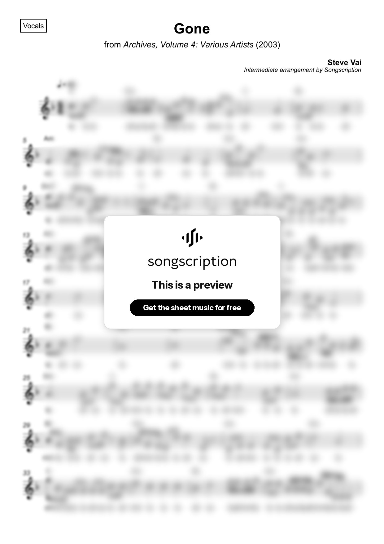 Intermediate Vocals Sheet Music for "Gone" by Steve Vai
