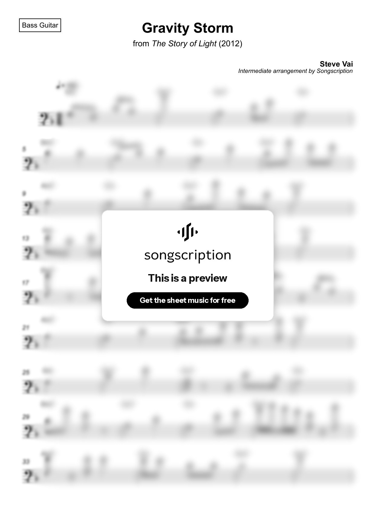 Intermediate Bass Guitar Sheet Music for "Gravity Storm" by Steve Vai