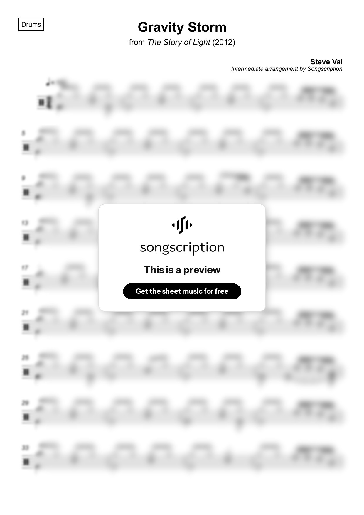 Intermediate Drums Sheet Music for "Gravity Storm" by Steve Vai