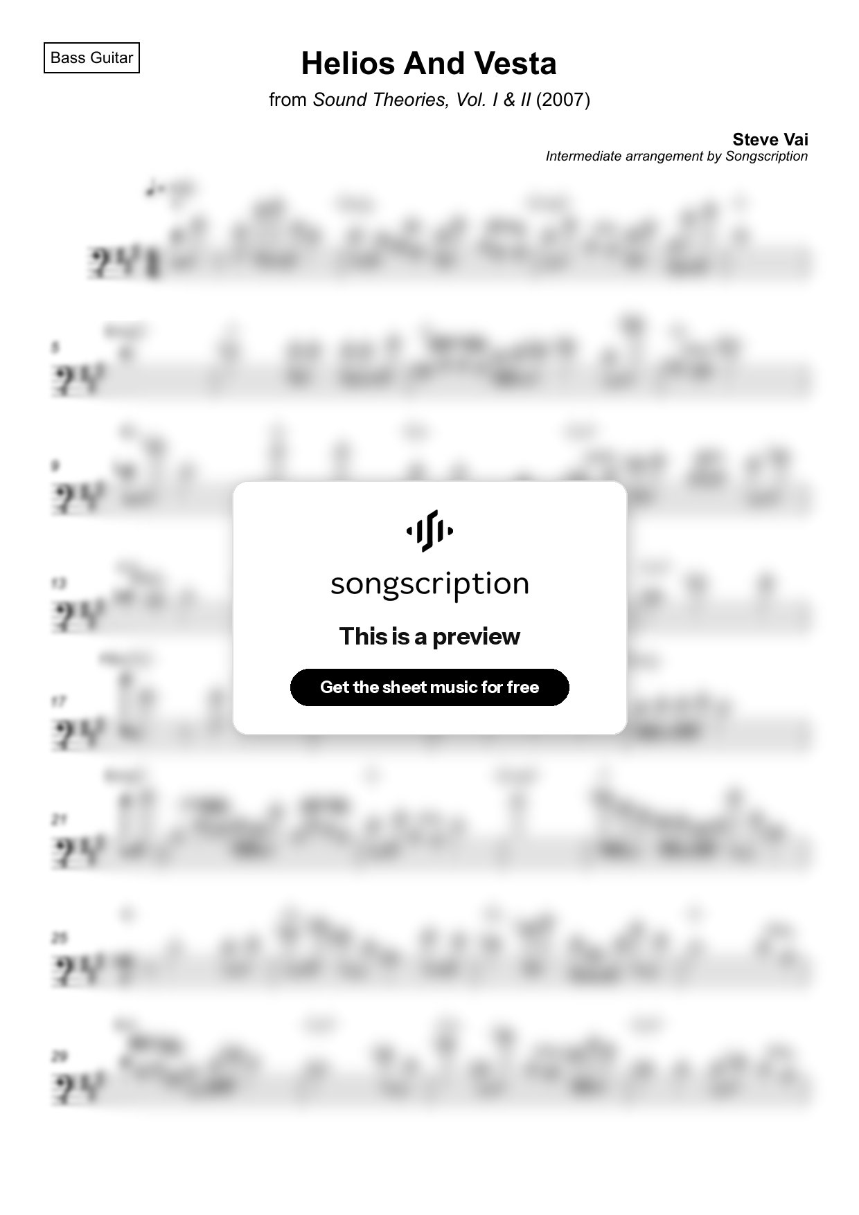 Intermediate Bass Guitar Sheet Music for "Helios And Vesta" by Steve Vai