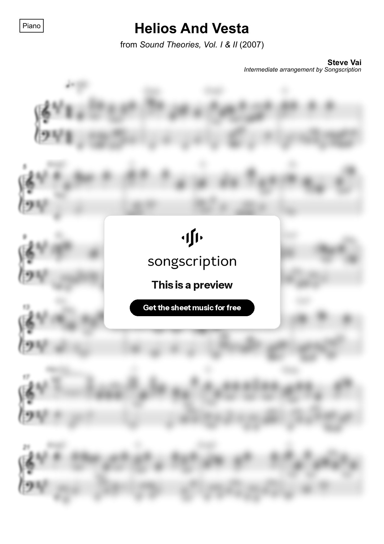 Intermediate Piano Sheet Music for "Helios And Vesta" by Steve Vai