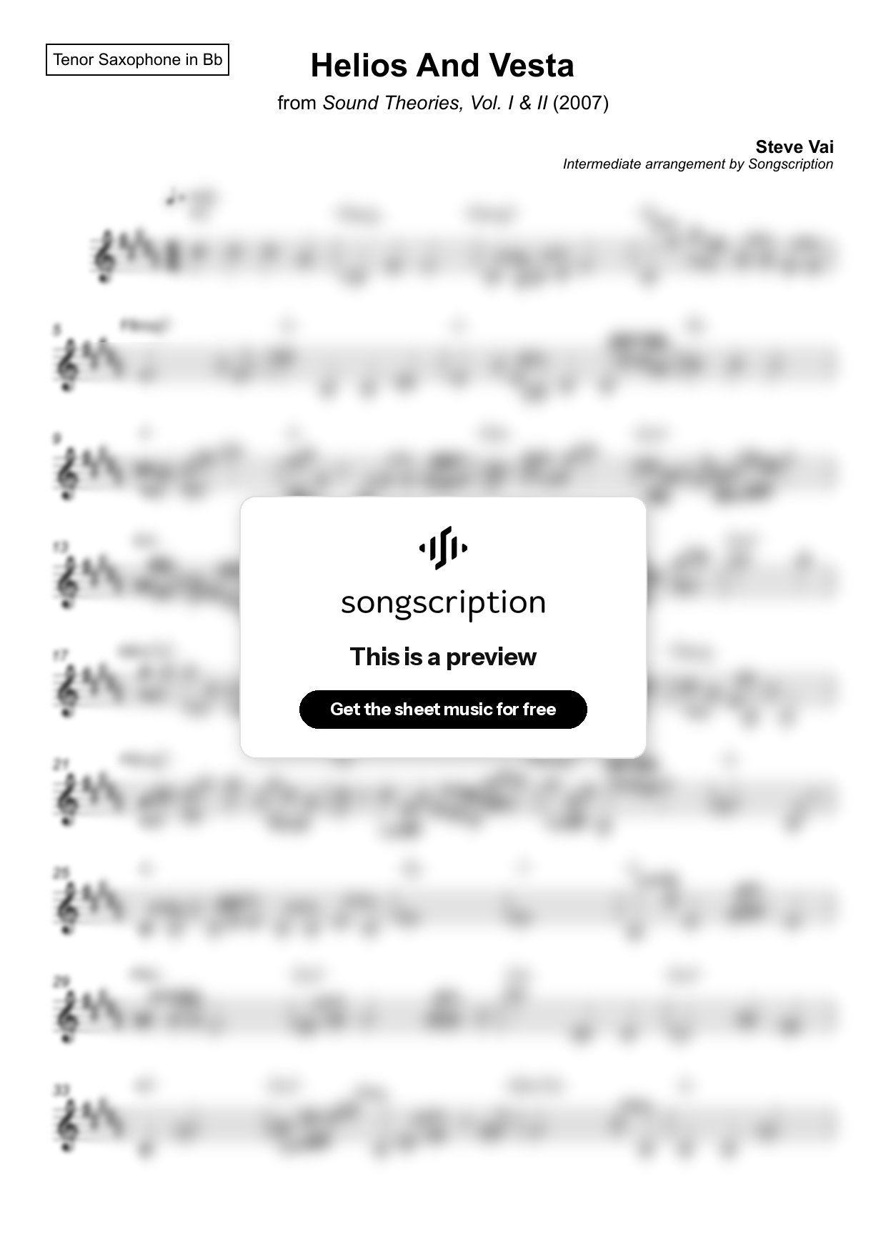 Intermediate Tenor Sax Sheet Music for "Helios And Vesta" by Steve Vai