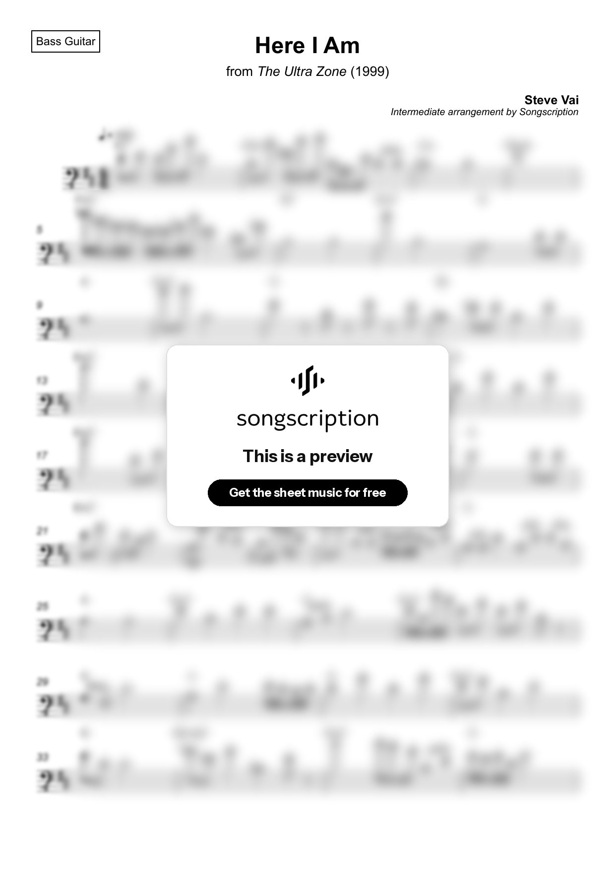 Intermediate Bass Guitar Sheet Music for "Here I Am" by Steve Vai