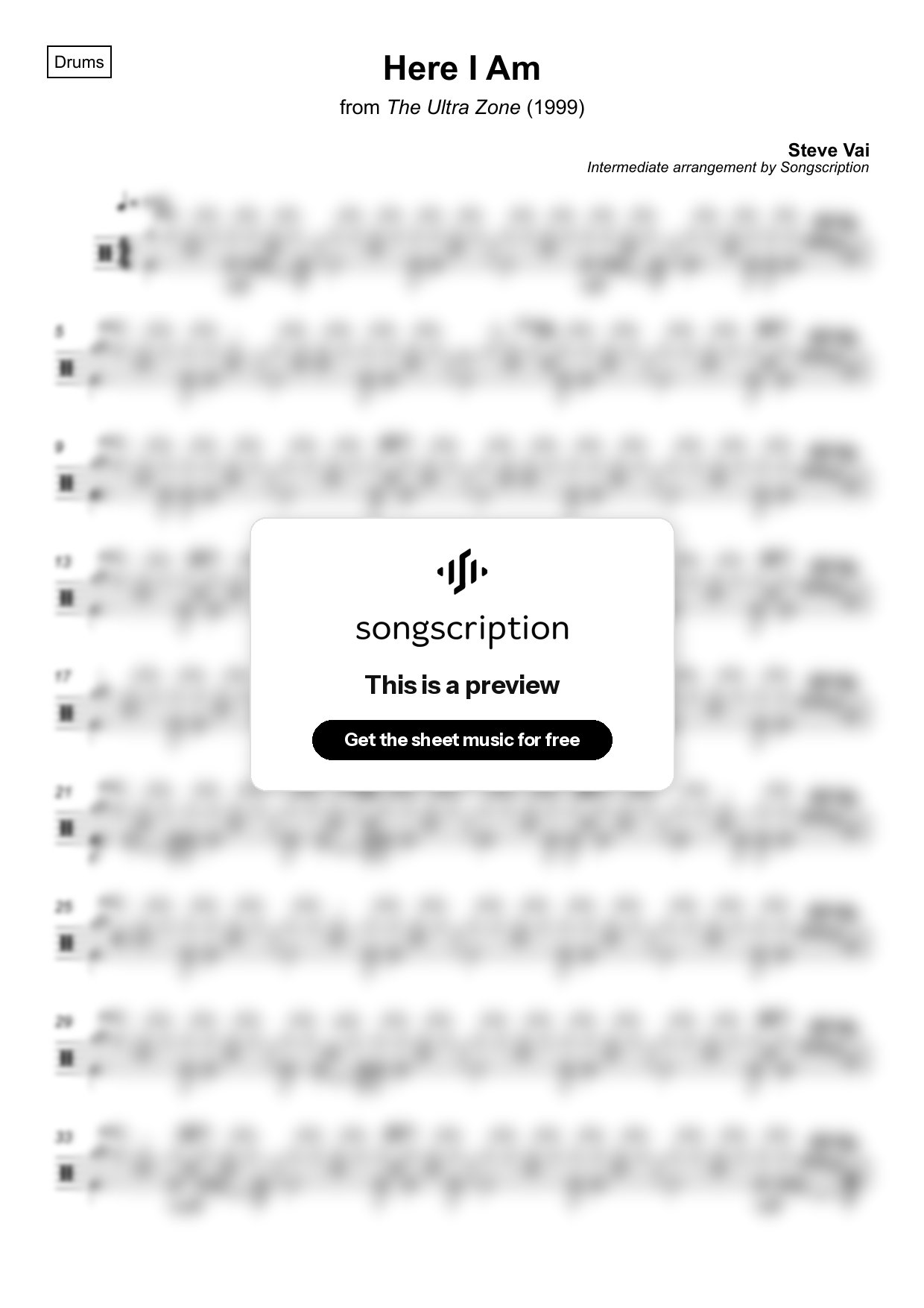 Intermediate Drums Sheet Music for "Here I Am" by Steve Vai