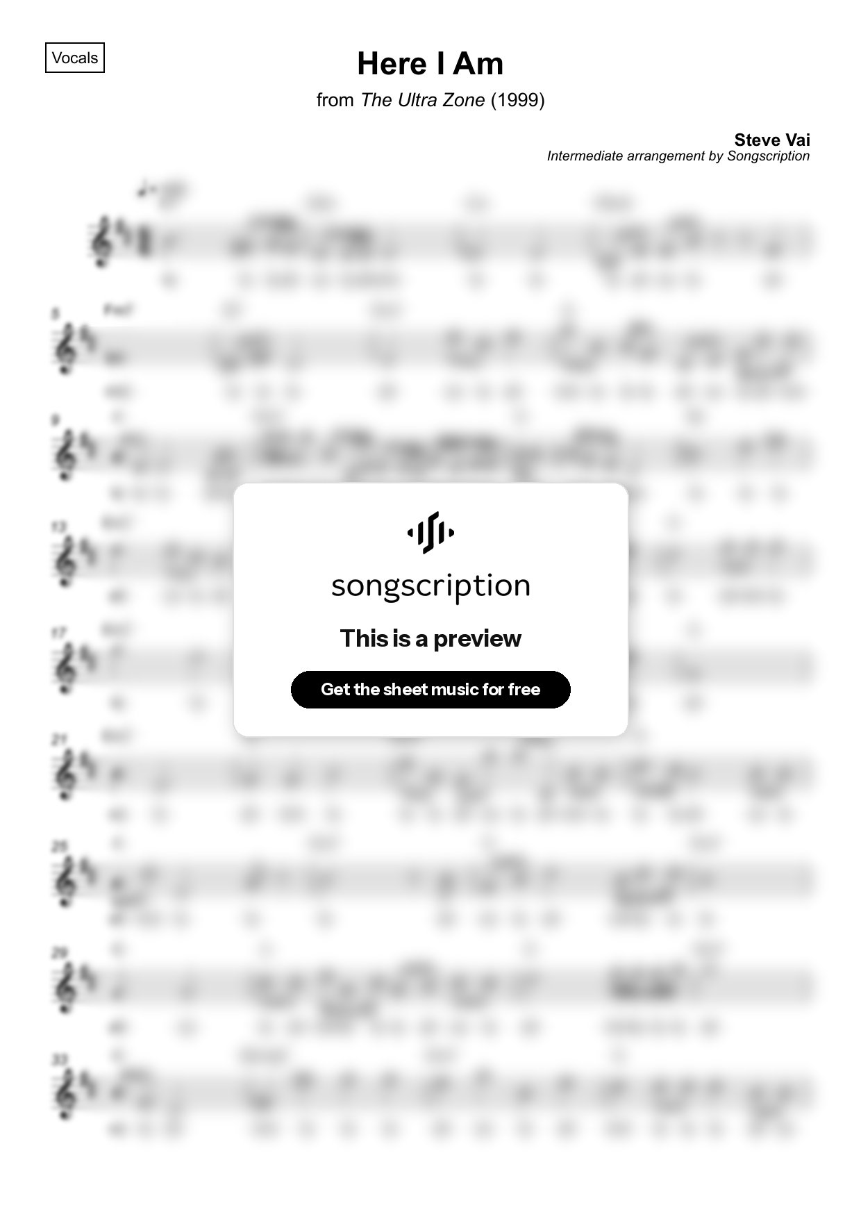 Intermediate Vocals Sheet Music for "Here I Am" by Steve Vai