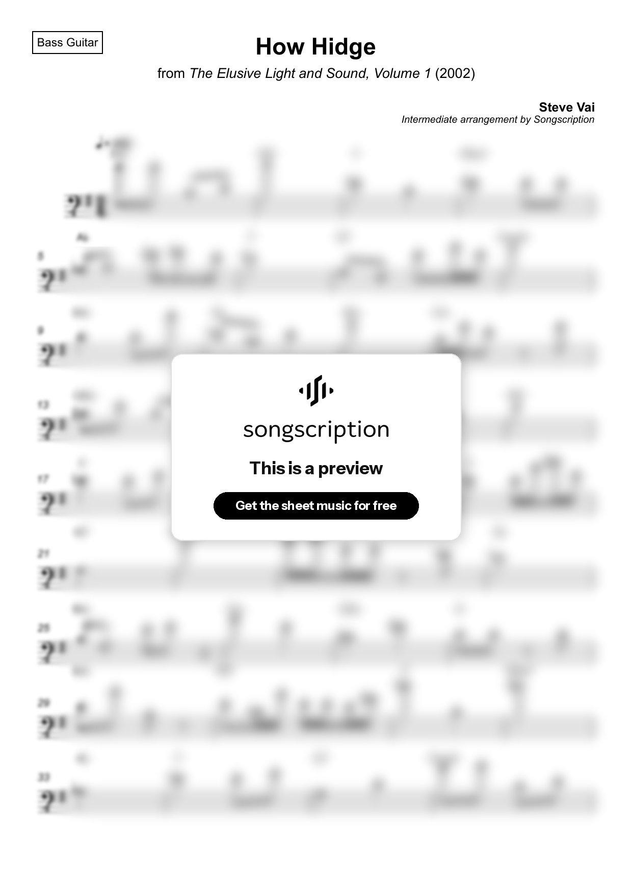 Intermediate Bass Guitar Sheet Music for "How Hidge" by Steve Vai
