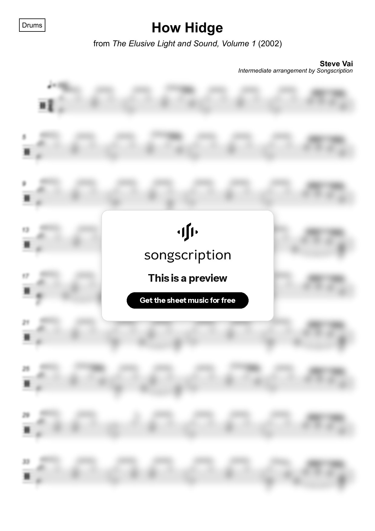 Intermediate Drums Sheet Music for "How Hidge" by Steve Vai