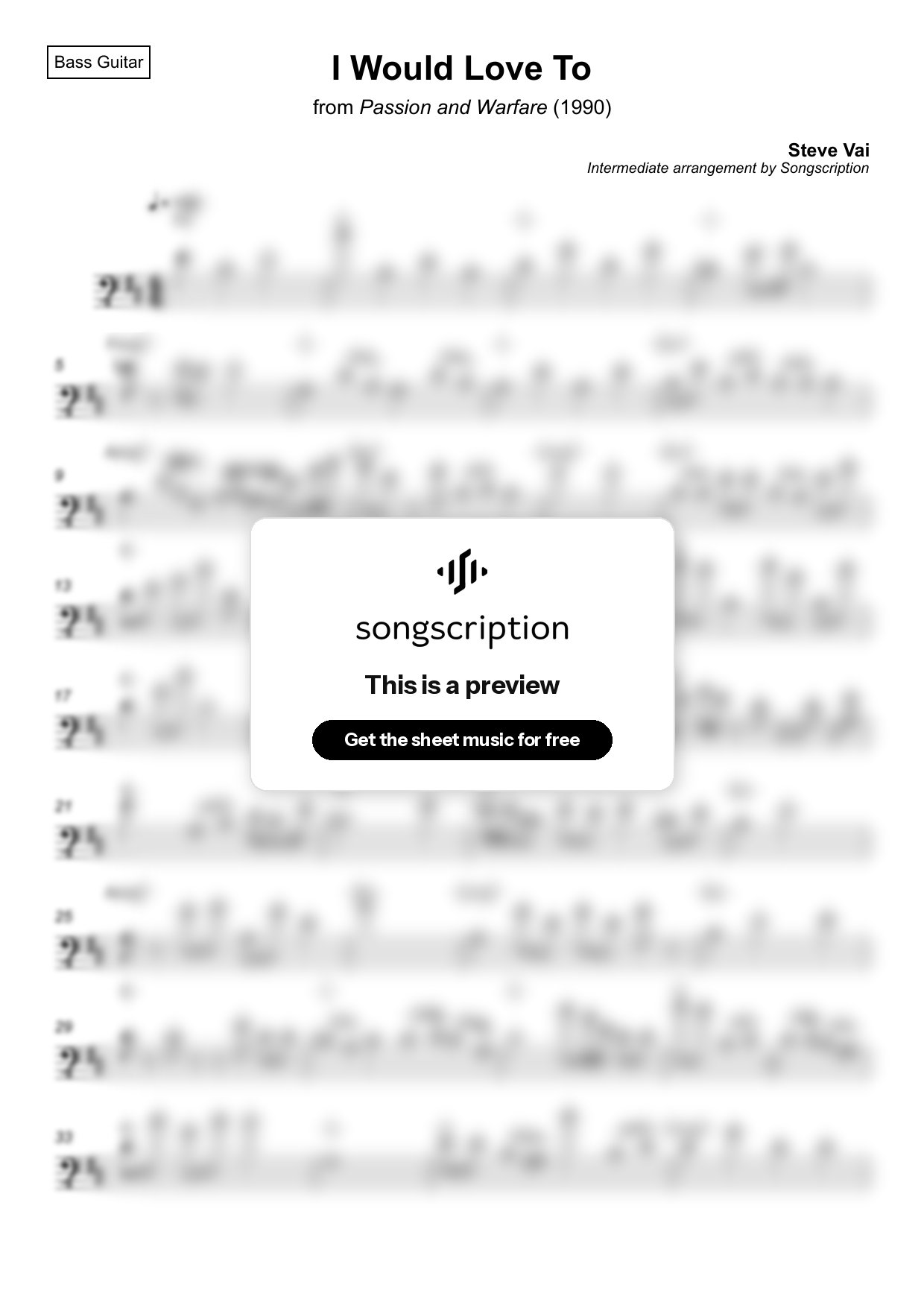 Intermediate Bass Guitar Sheet Music for "I Would Love To" by Steve Vai