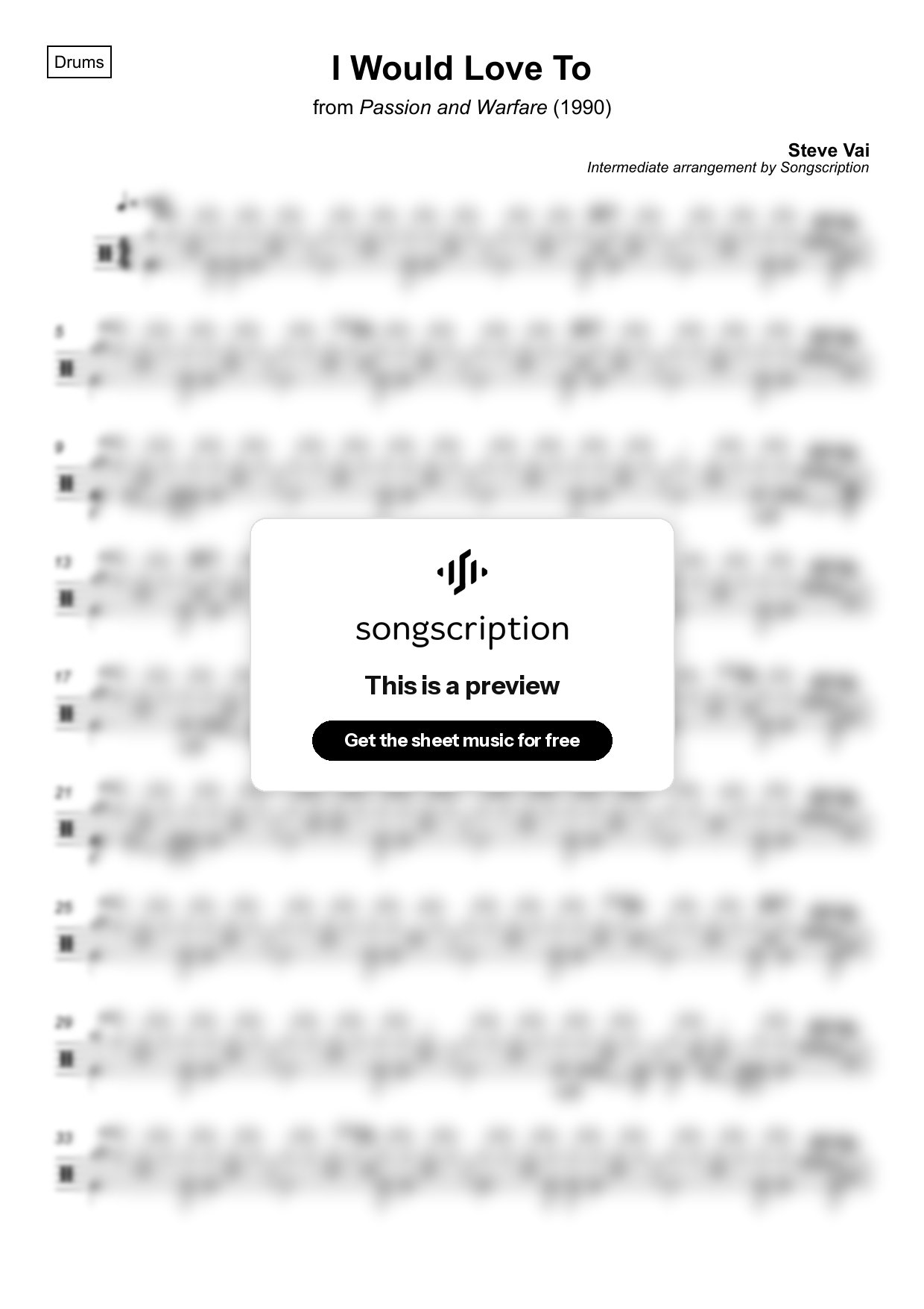 Intermediate Drums Sheet Music for "I Would Love To" by Steve Vai