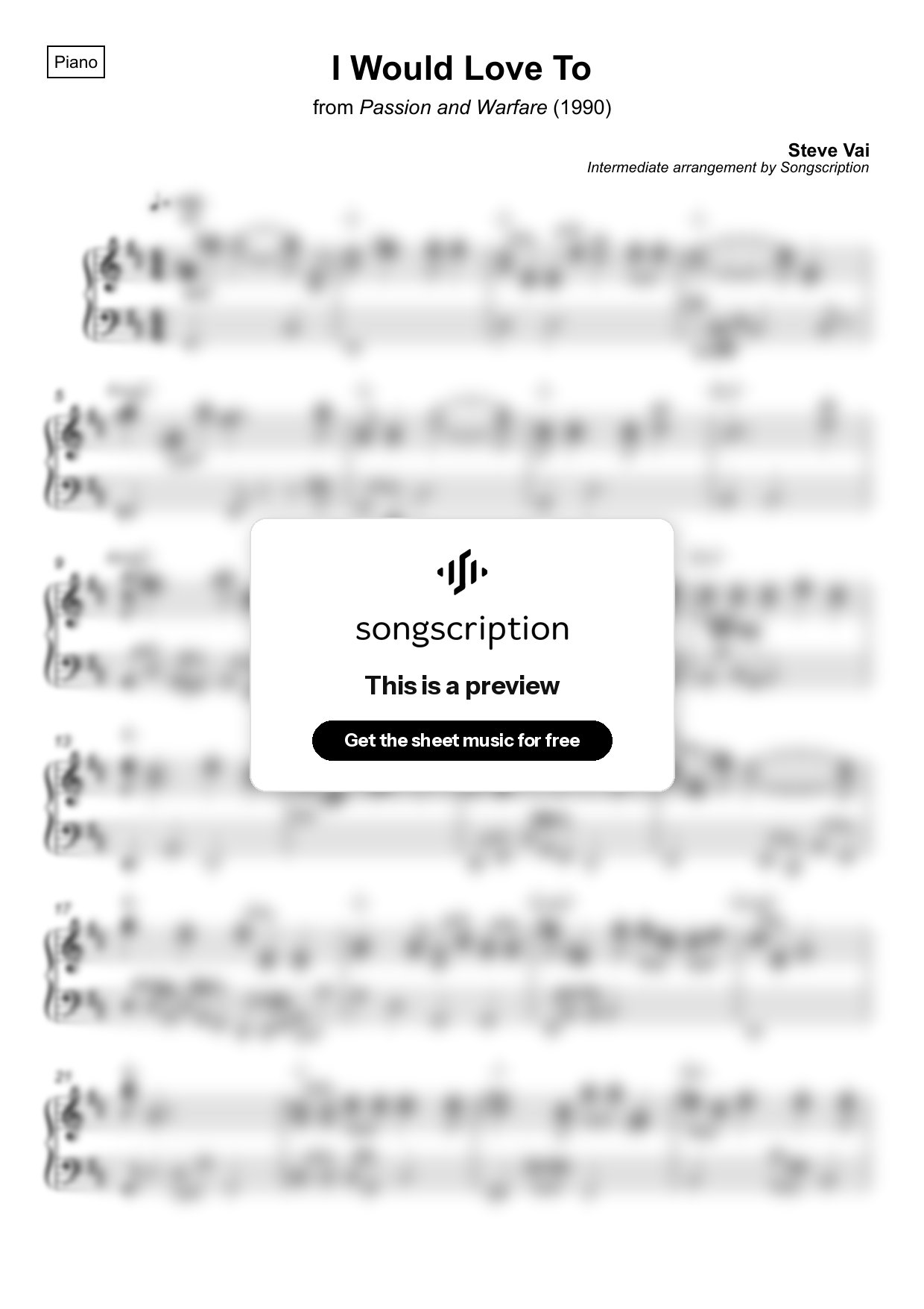 Intermediate Piano Sheet Music for "I Would Love To" by Steve Vai