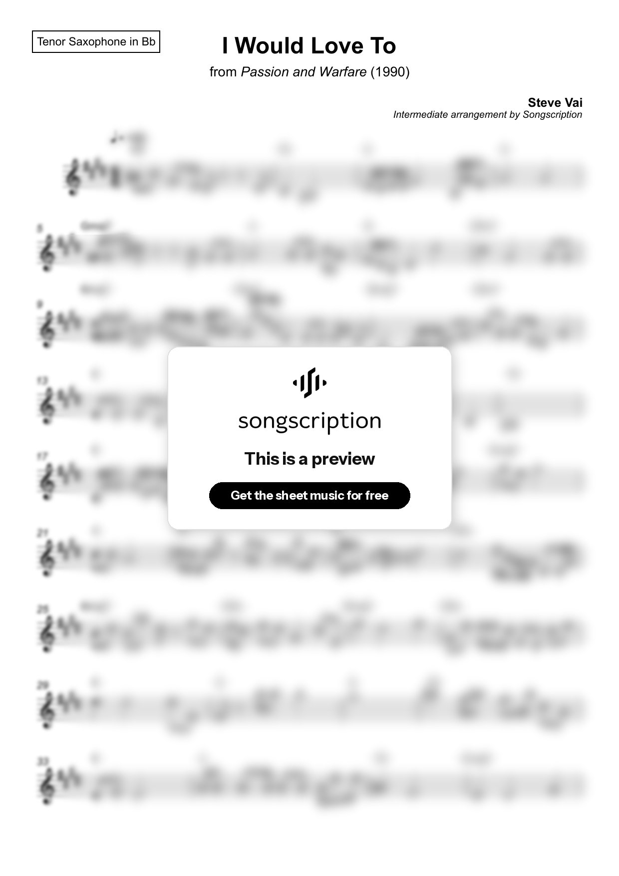 Intermediate Tenor Sax Sheet Music for "I Would Love To" by Steve Vai