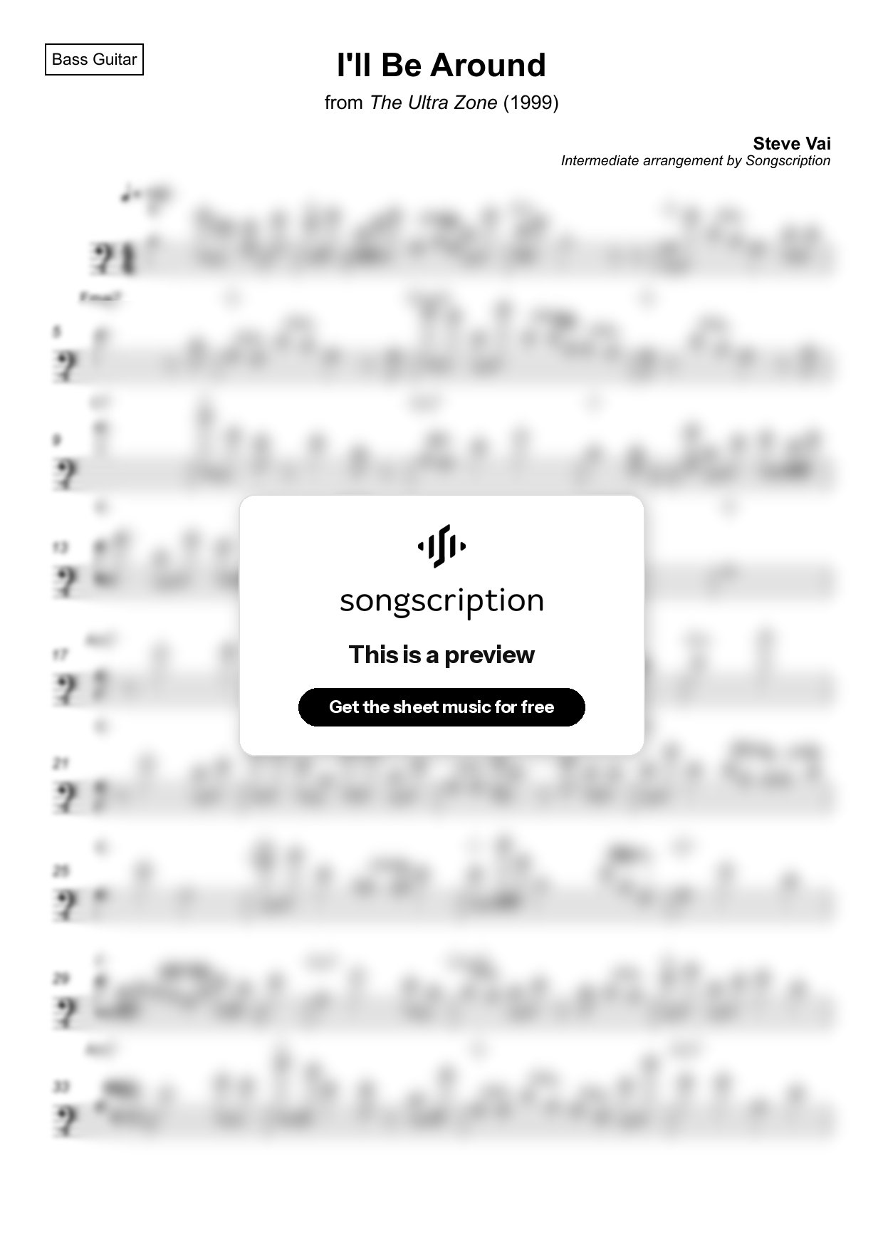 Intermediate Bass Guitar Sheet Music for "I'll Be Around" by Steve Vai