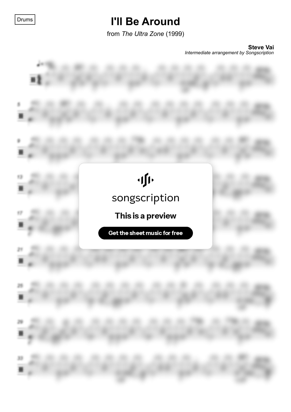 Intermediate Drums Sheet Music for "I'll Be Around" by Steve Vai
