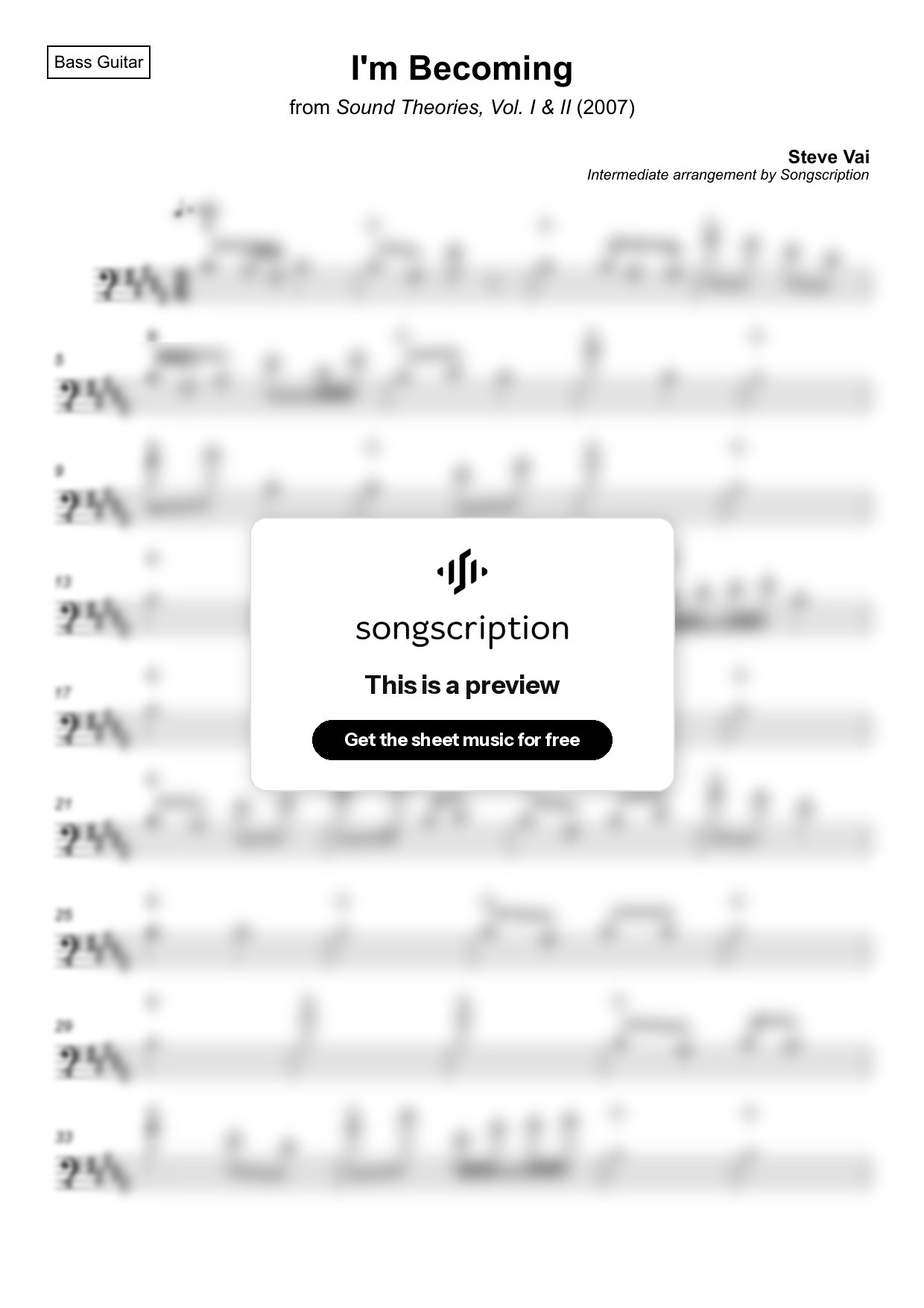 Intermediate Bass Guitar Sheet Music for "I'm Becoming" by Steve Vai