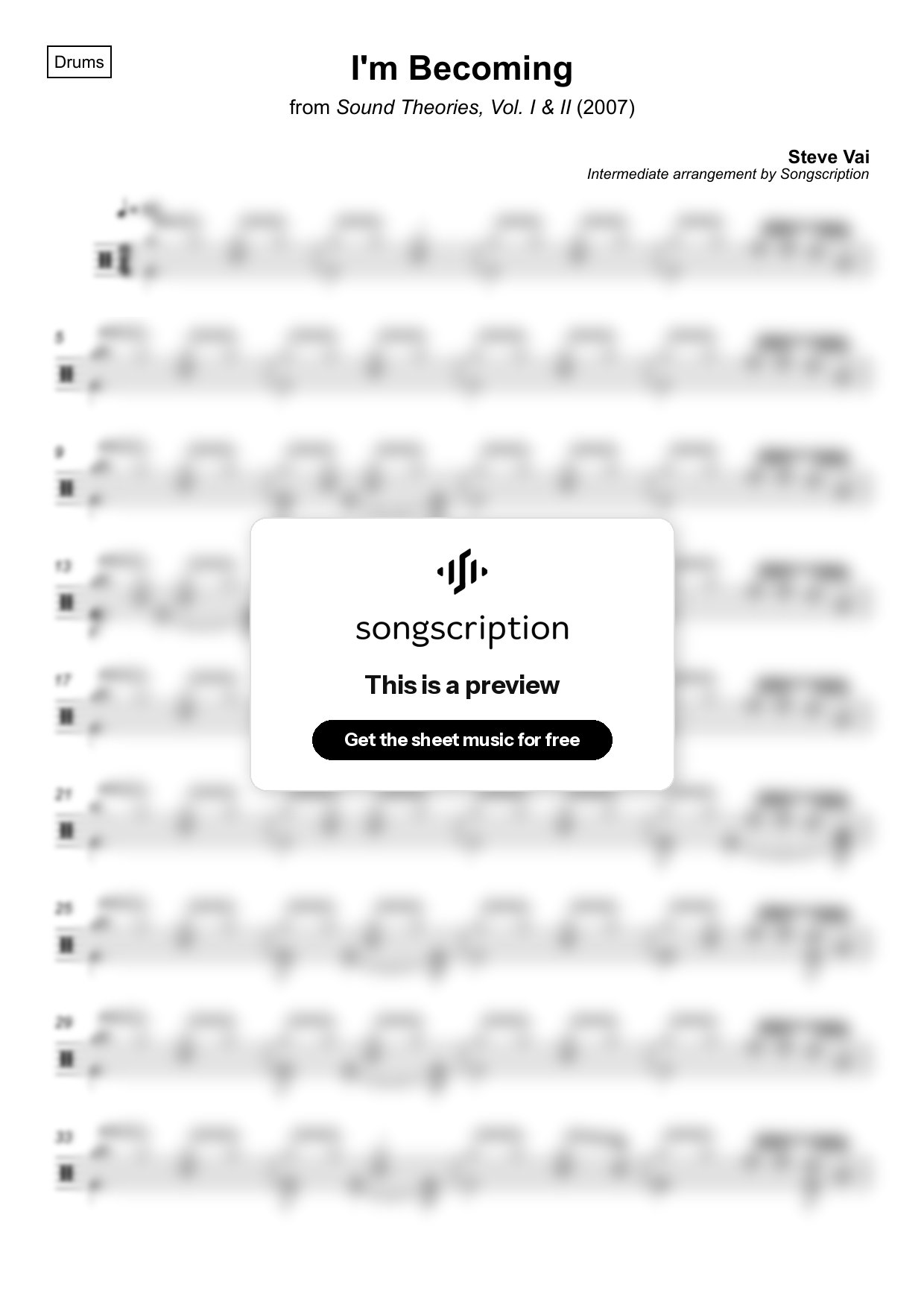 Intermediate Drums Sheet Music for "I'm Becoming" by Steve Vai