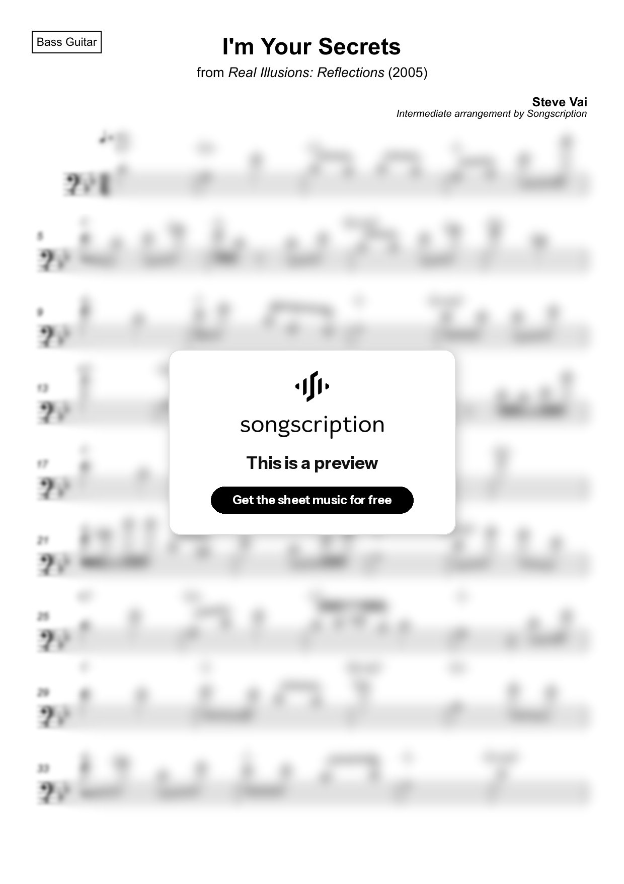 Intermediate Bass Guitar Sheet Music for "I'm Your Secrets" by Steve Vai