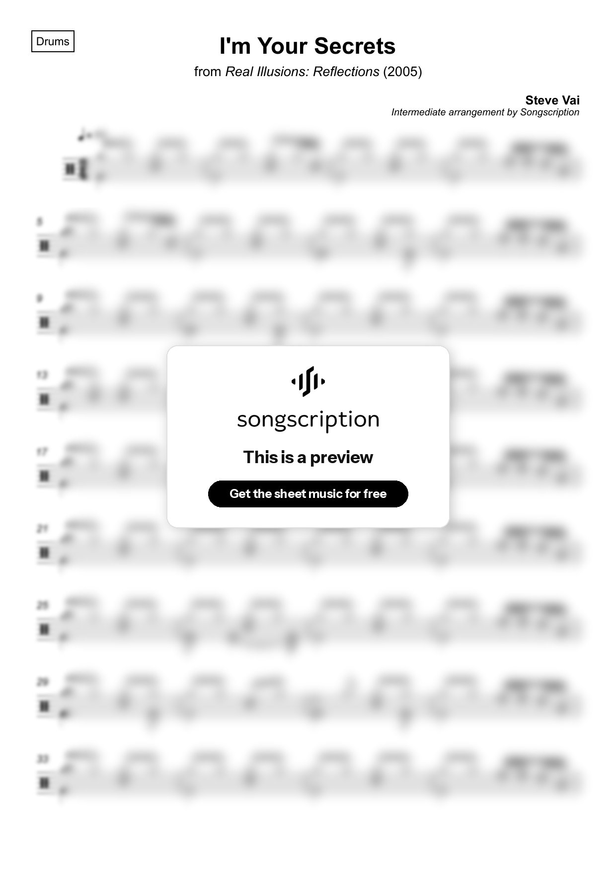 Intermediate Drums Sheet Music for "I'm Your Secrets" by Steve Vai