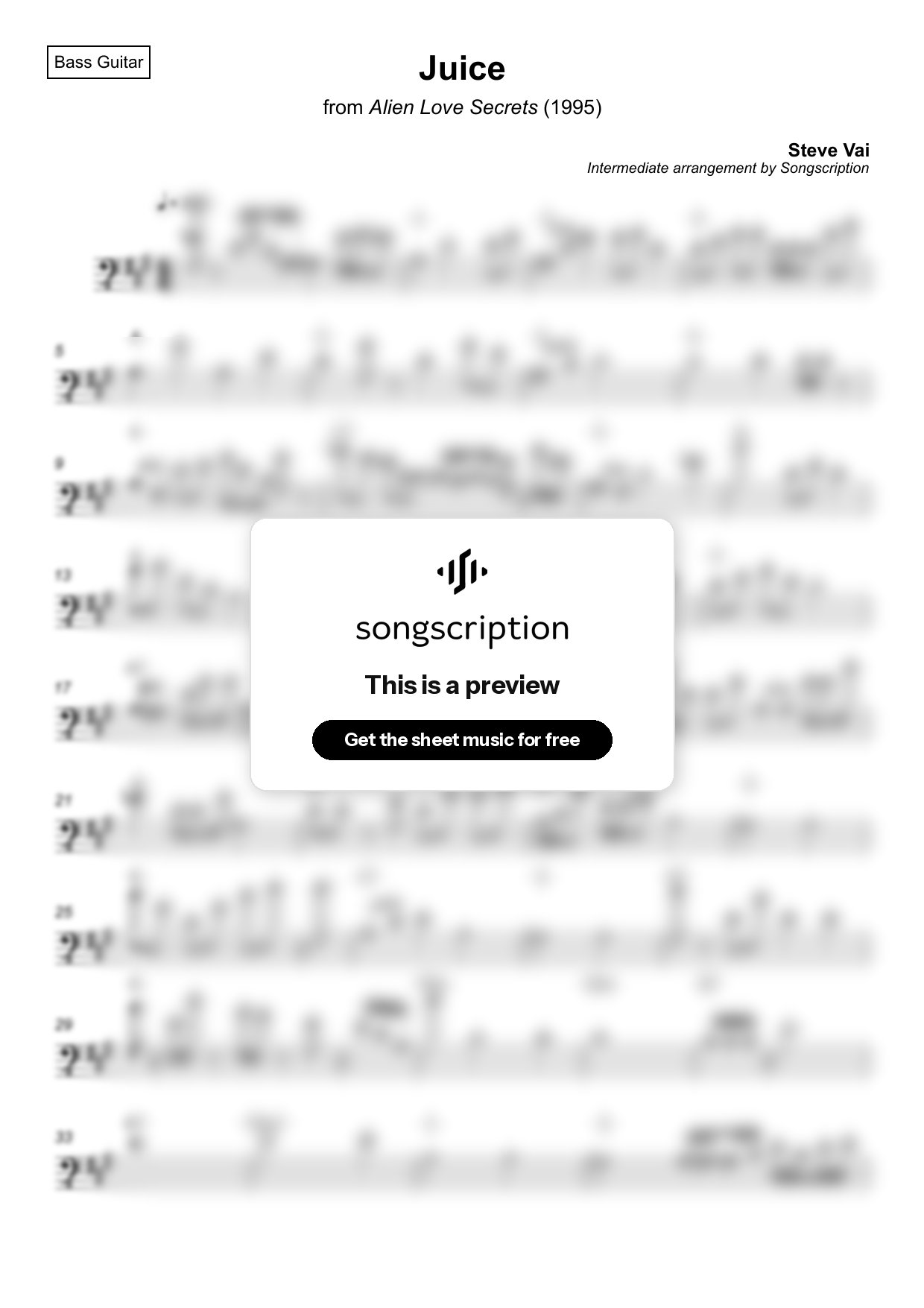Intermediate Bass Guitar Sheet Music for "Juice" by Steve Vai