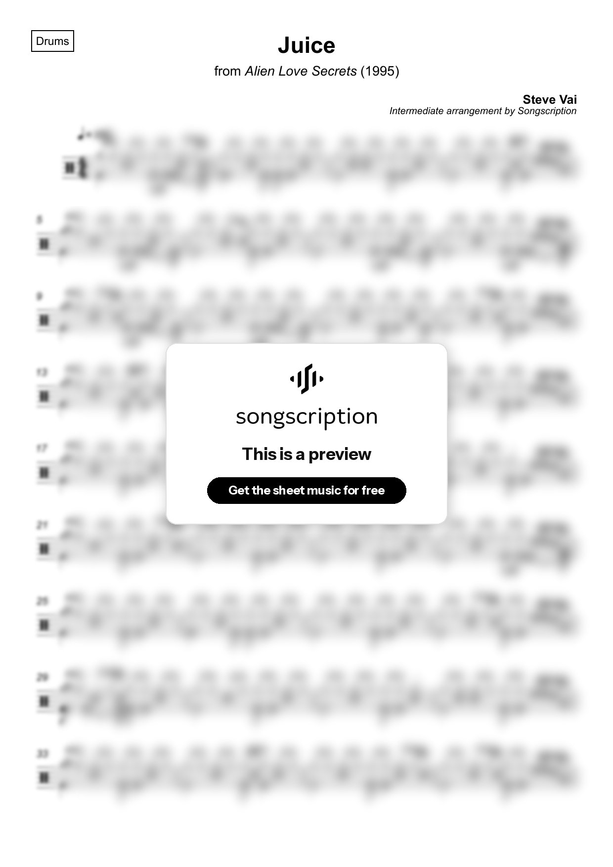 Intermediate Drums Sheet Music for "Juice" by Steve Vai