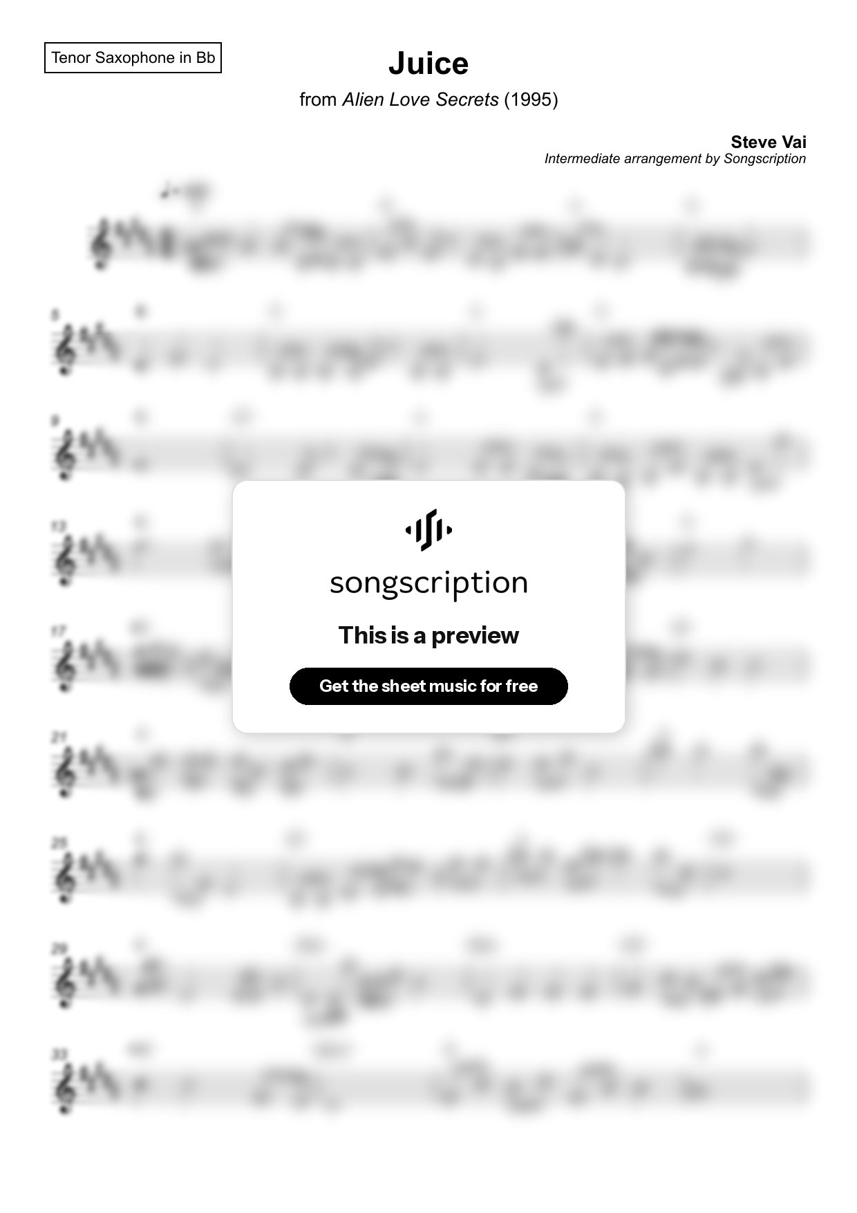 Intermediate Tenor Sax Sheet Music for "Juice" by Steve Vai
