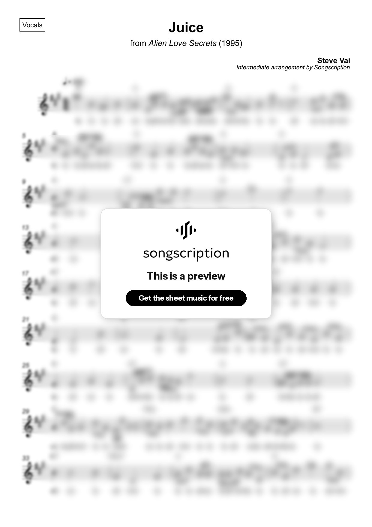 Intermediate Vocals Sheet Music for "Juice" by Steve Vai