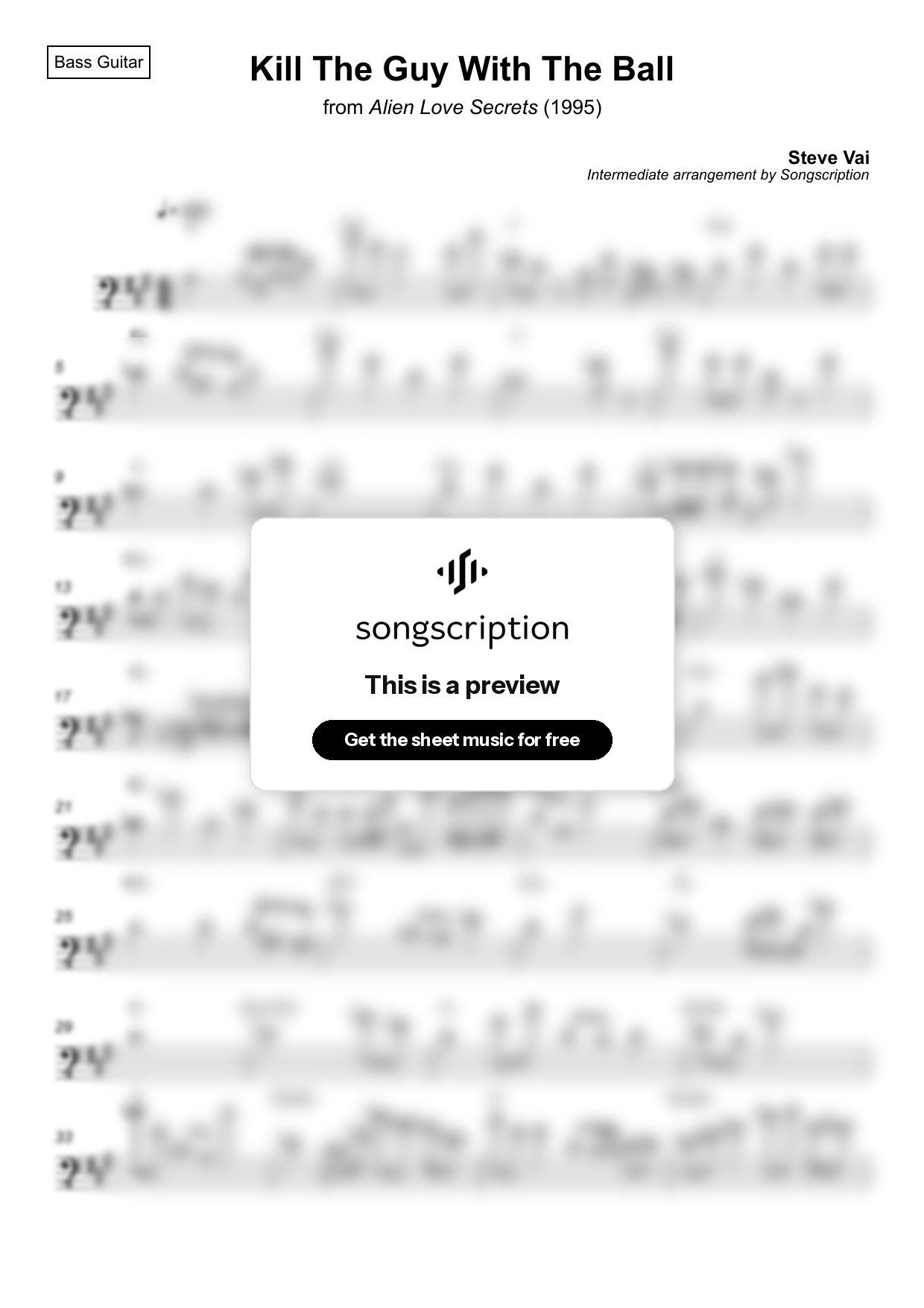 Intermediate Bass Guitar Sheet Music for "Kill The Guy With The Ball" by Steve Vai