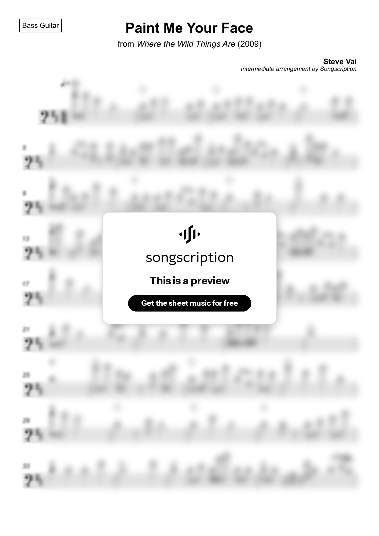 Intermediate Bass Guitar Sheet Music for "Paint Me Your Face" by Steve Vai