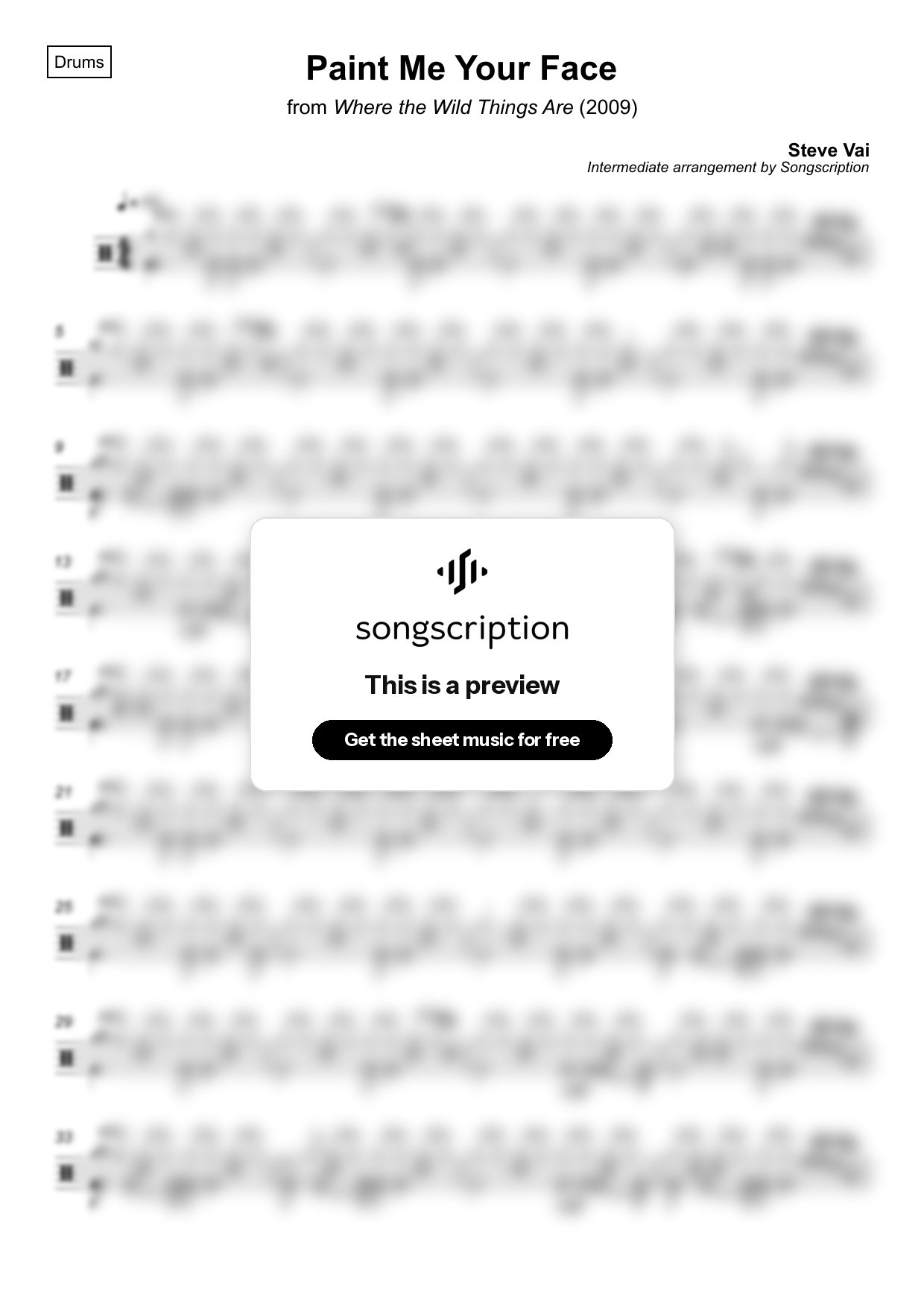 Intermediate Drums Sheet Music for "Paint Me Your Face" by Steve Vai
