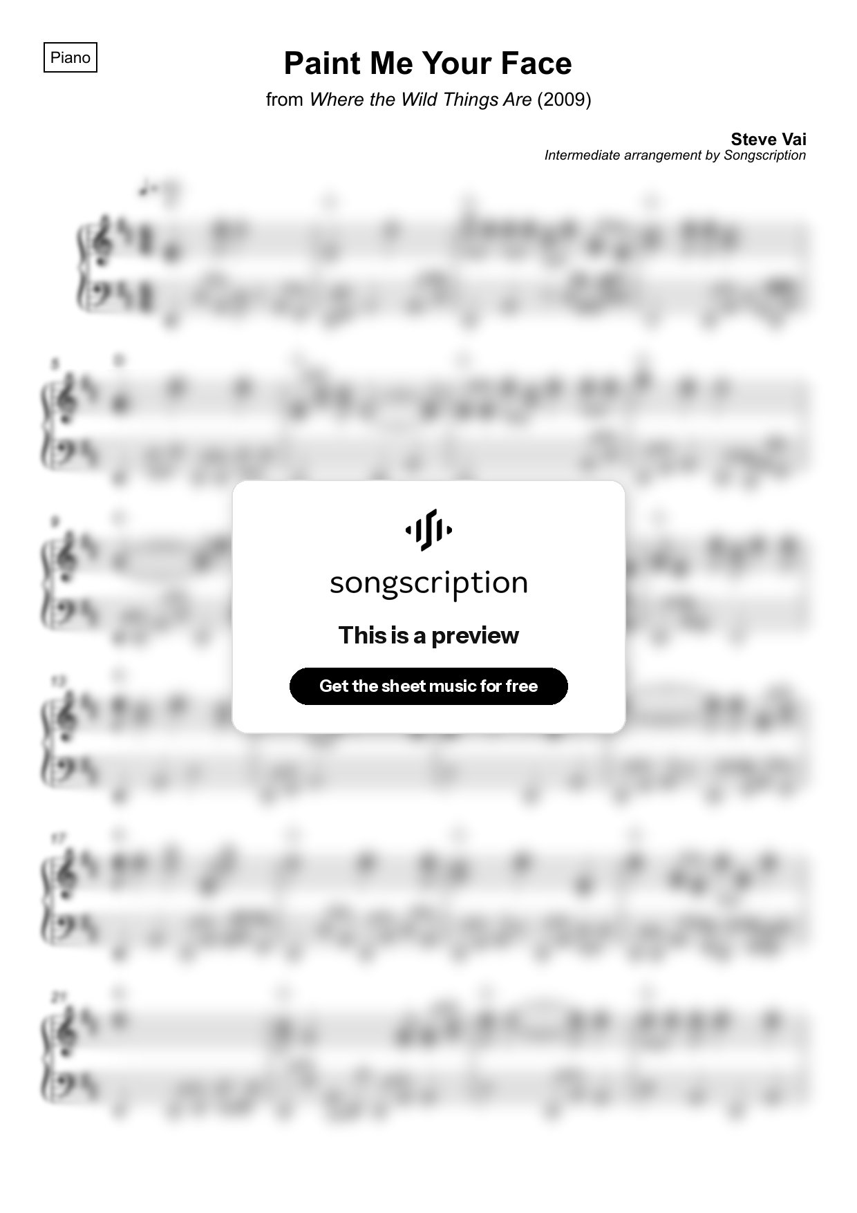 Intermediate Piano Sheet Music for "Paint Me Your Face" by Steve Vai