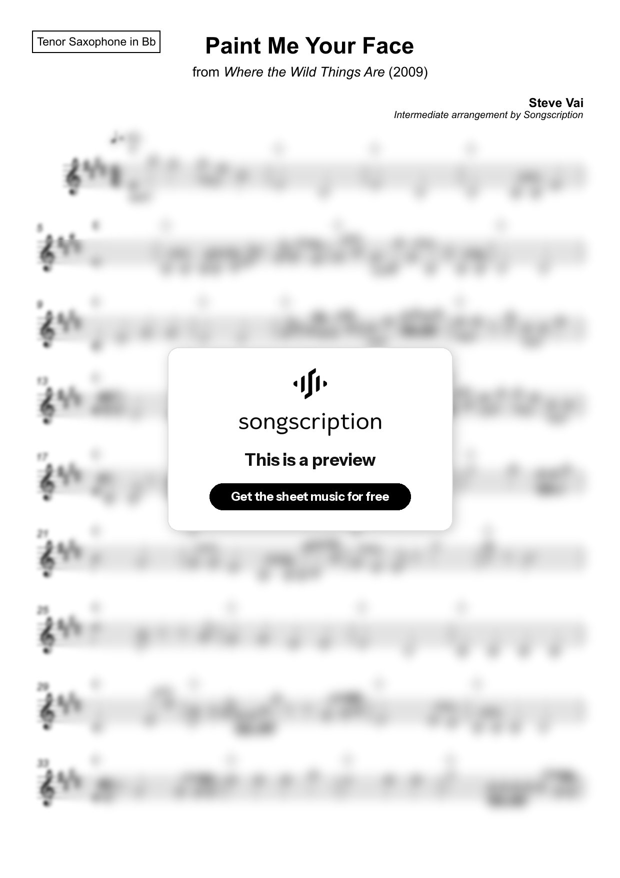 Intermediate Tenor Sax Sheet Music for "Paint Me Your Face" by Steve Vai