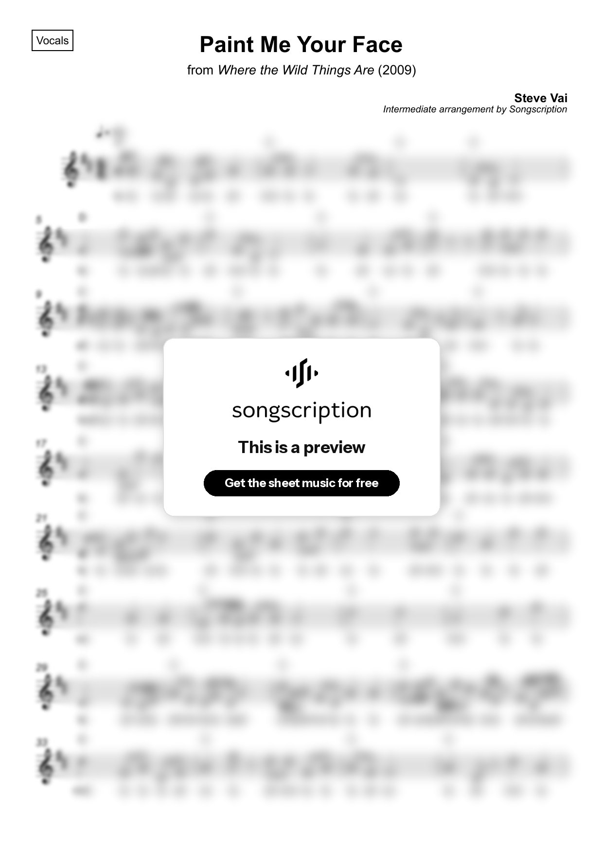 Intermediate Vocals Sheet Music for "Paint Me Your Face" by Steve Vai