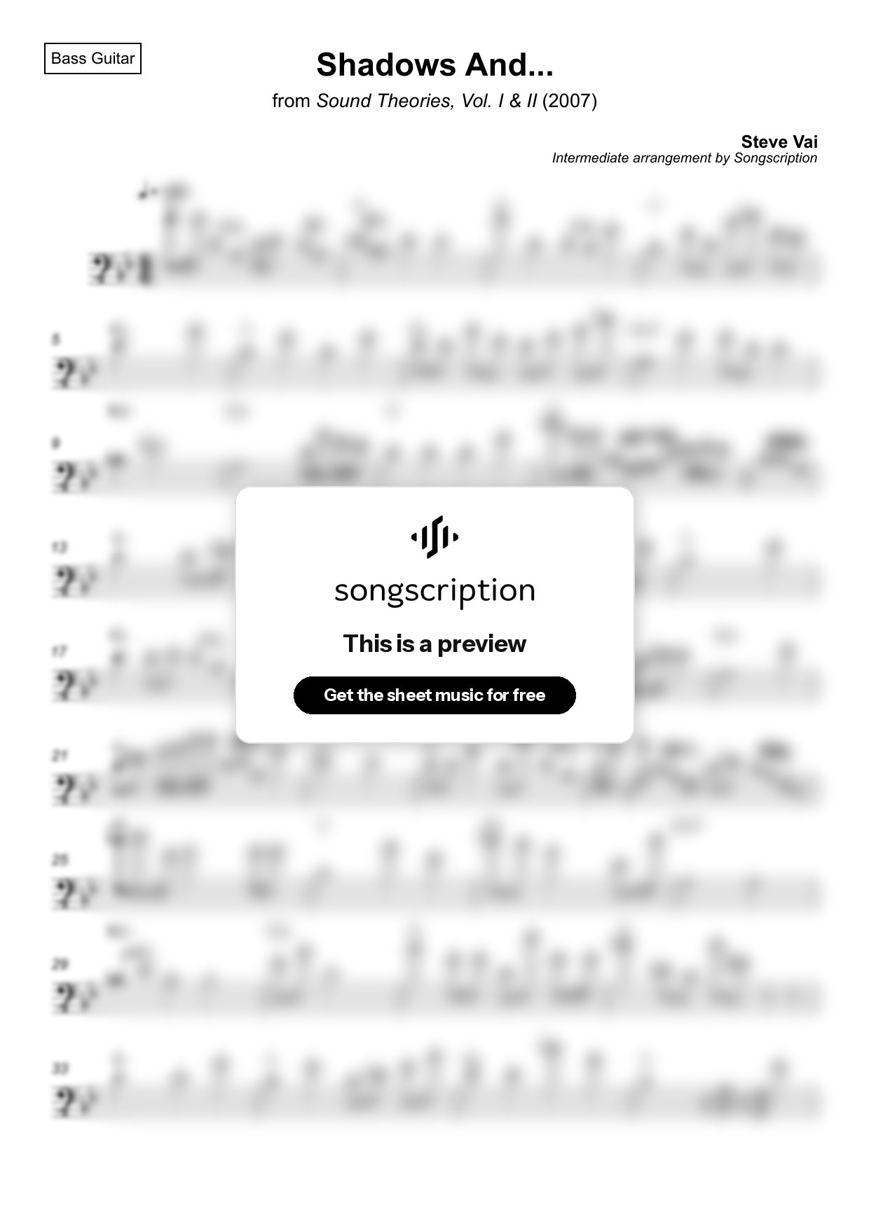 Intermediate Bass Guitar Sheet Music for "Shadows And..." by Steve Vai