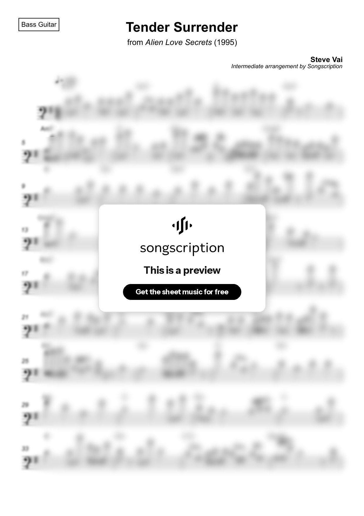 Intermediate Bass Guitar Sheet Music for "Tender Surrender" by Steve Vai