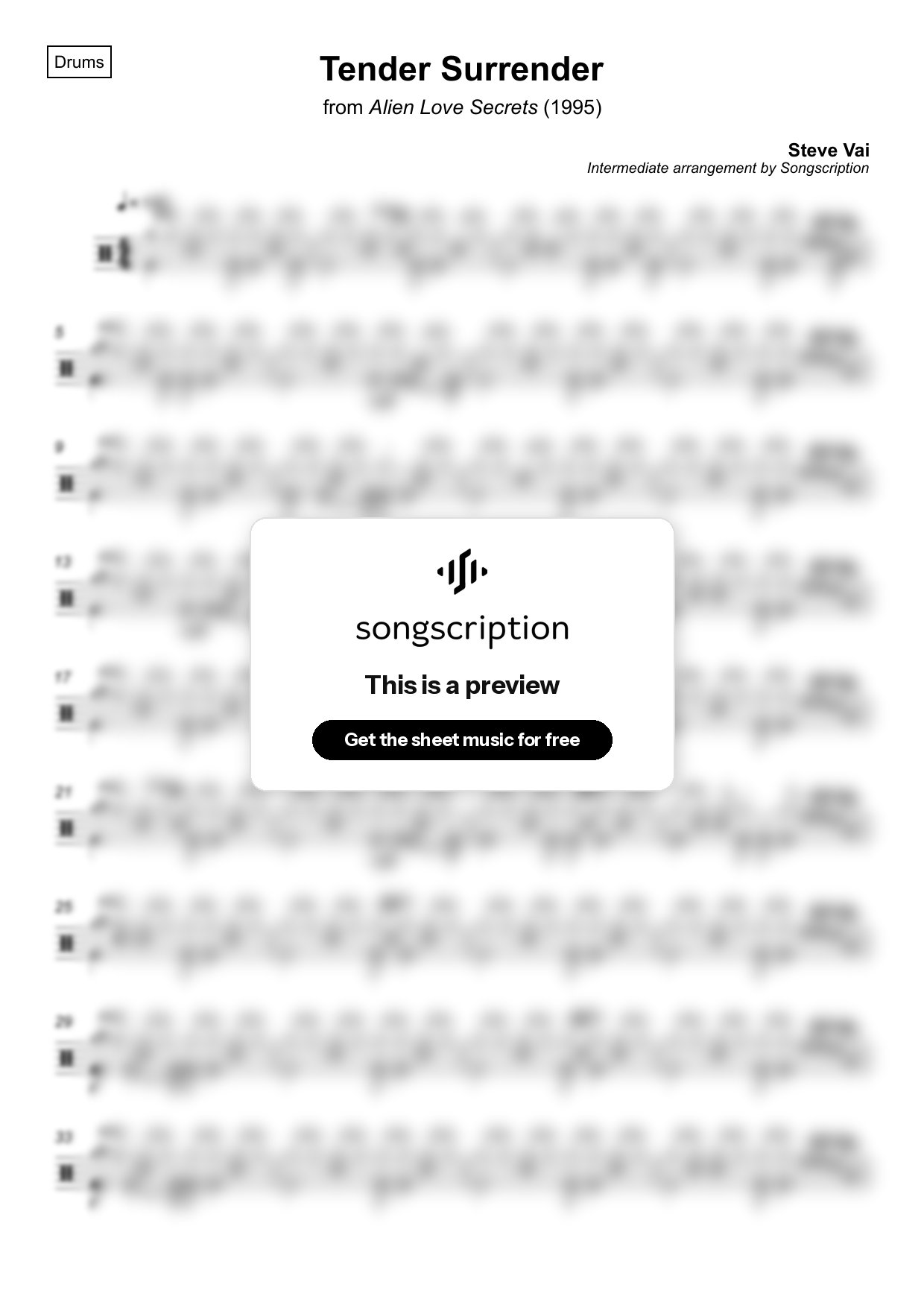 Intermediate Drums Sheet Music for "Tender Surrender" by Steve Vai