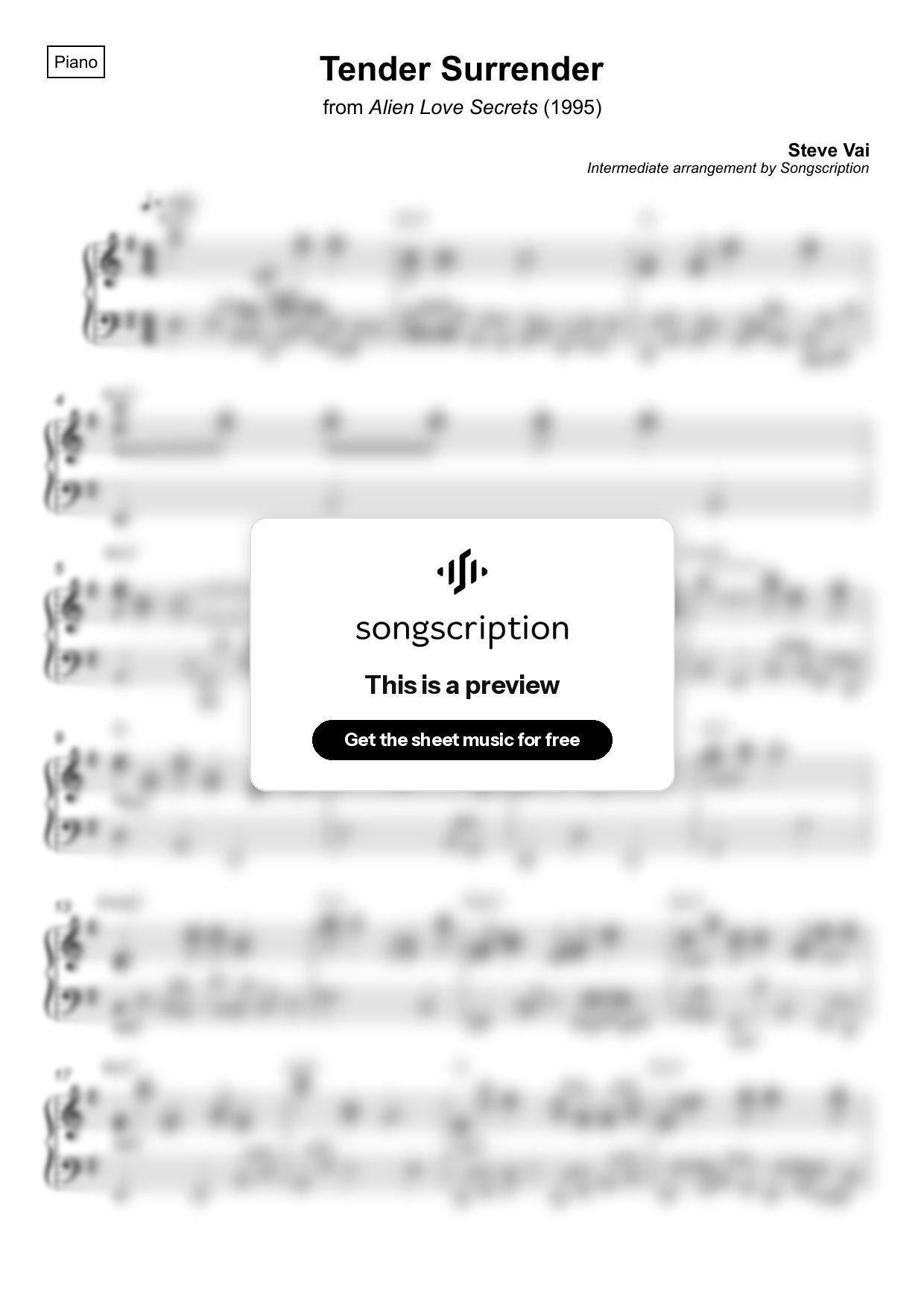Intermediate Piano Sheet Music for "Tender Surrender" by Steve Vai
