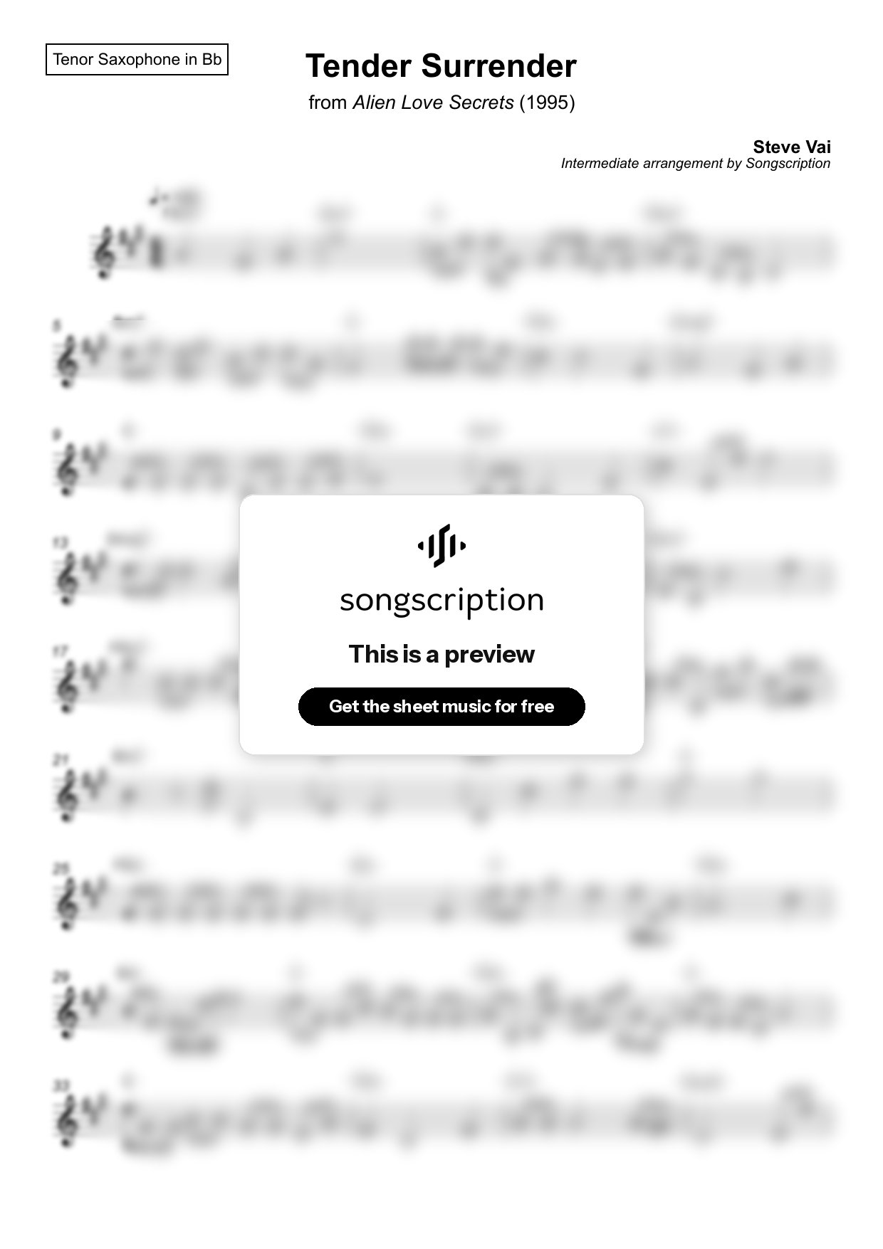 Intermediate Tenor Sax Sheet Music for "Tender Surrender" by Steve Vai