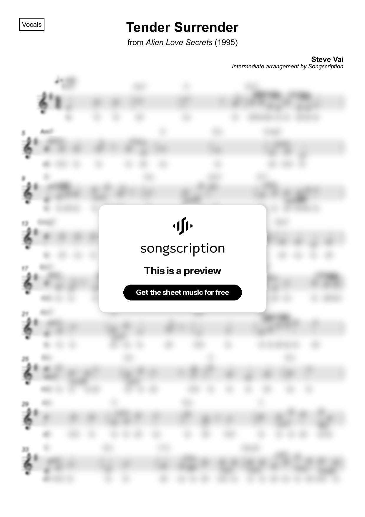Intermediate Vocals Sheet Music for "Tender Surrender" by Steve Vai