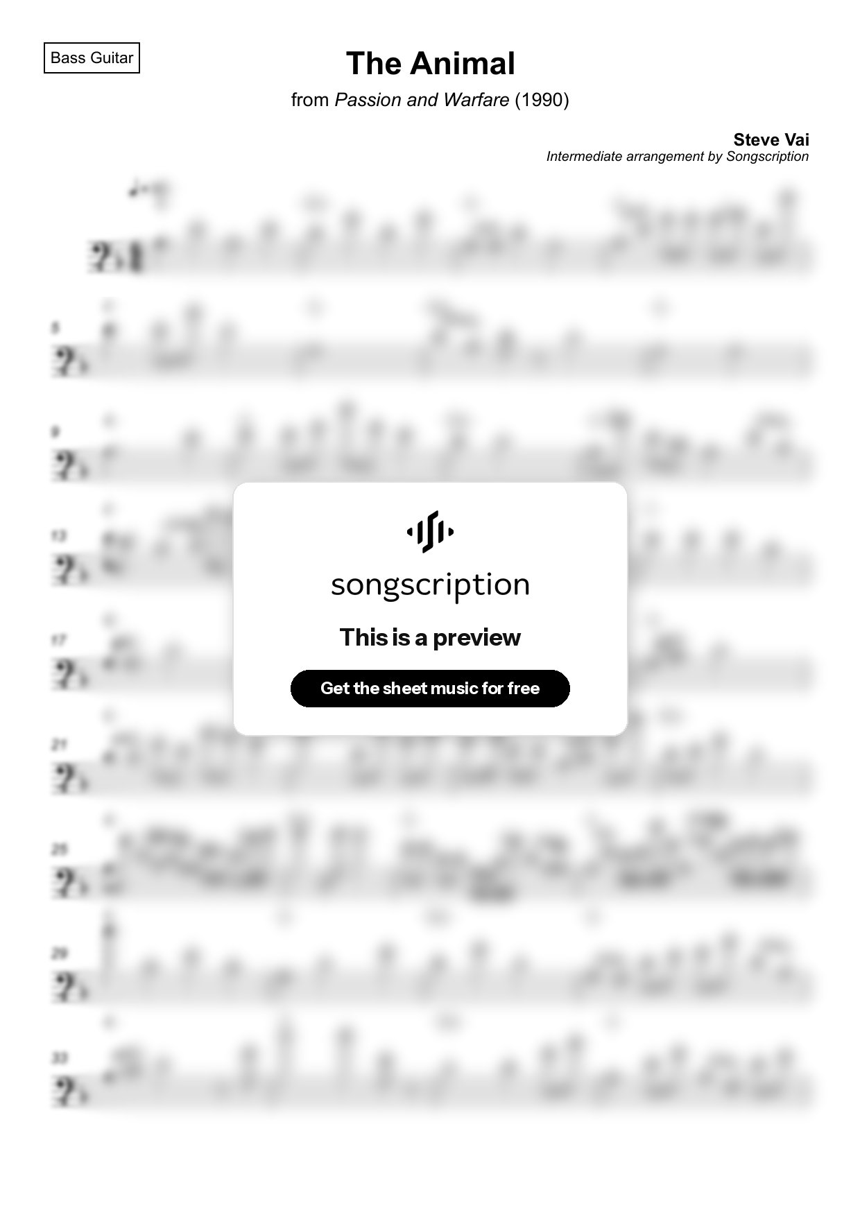 Intermediate Bass Guitar Sheet Music for "The Animal" by Steve Vai