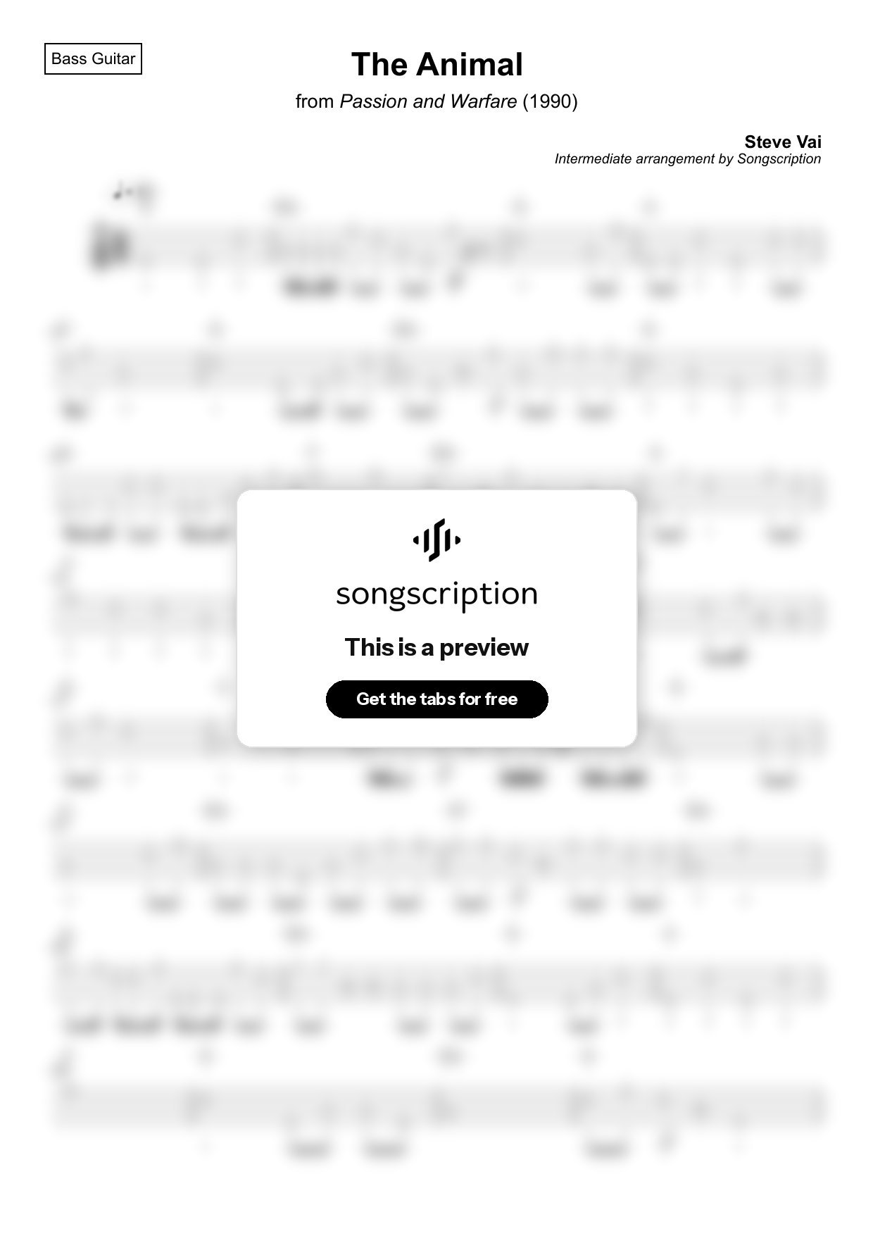 Intermediate Bass Guitar Tabs for "The Animal" by Steve Vai