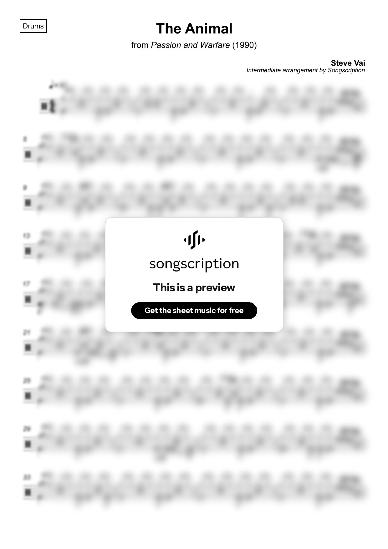 Intermediate Drums Sheet Music for "The Animal" by Steve Vai