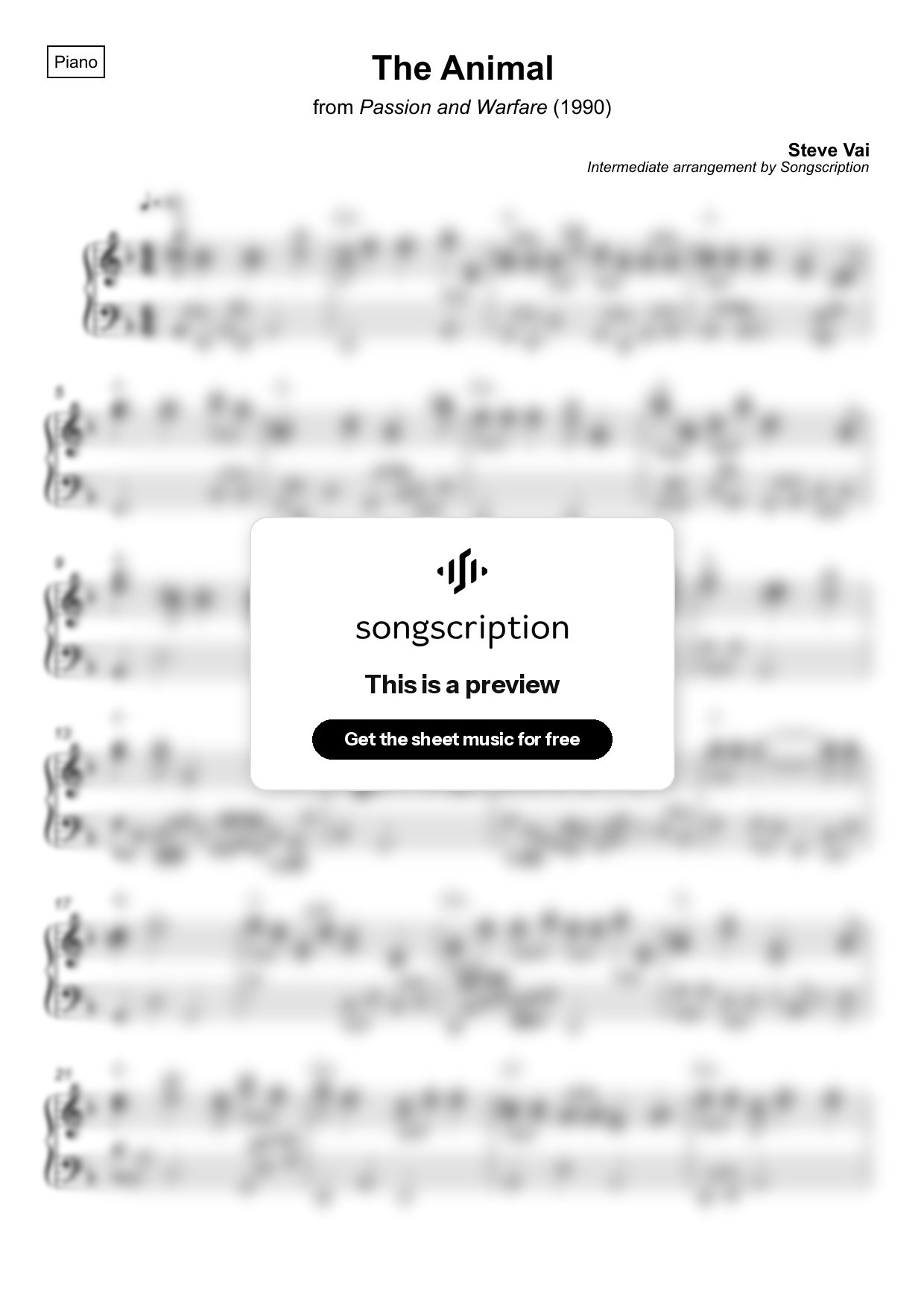 Intermediate Piano Sheet Music for "The Animal" by Steve Vai