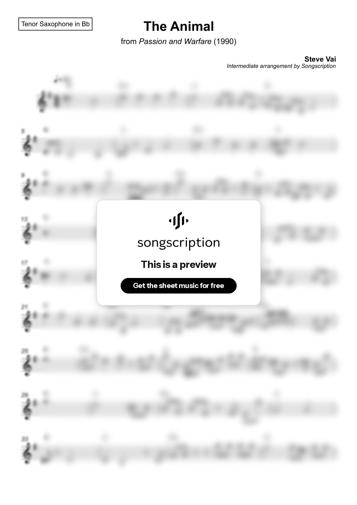 Intermediate Tenor Sax Sheet Music for "The Animal" by Steve Vai