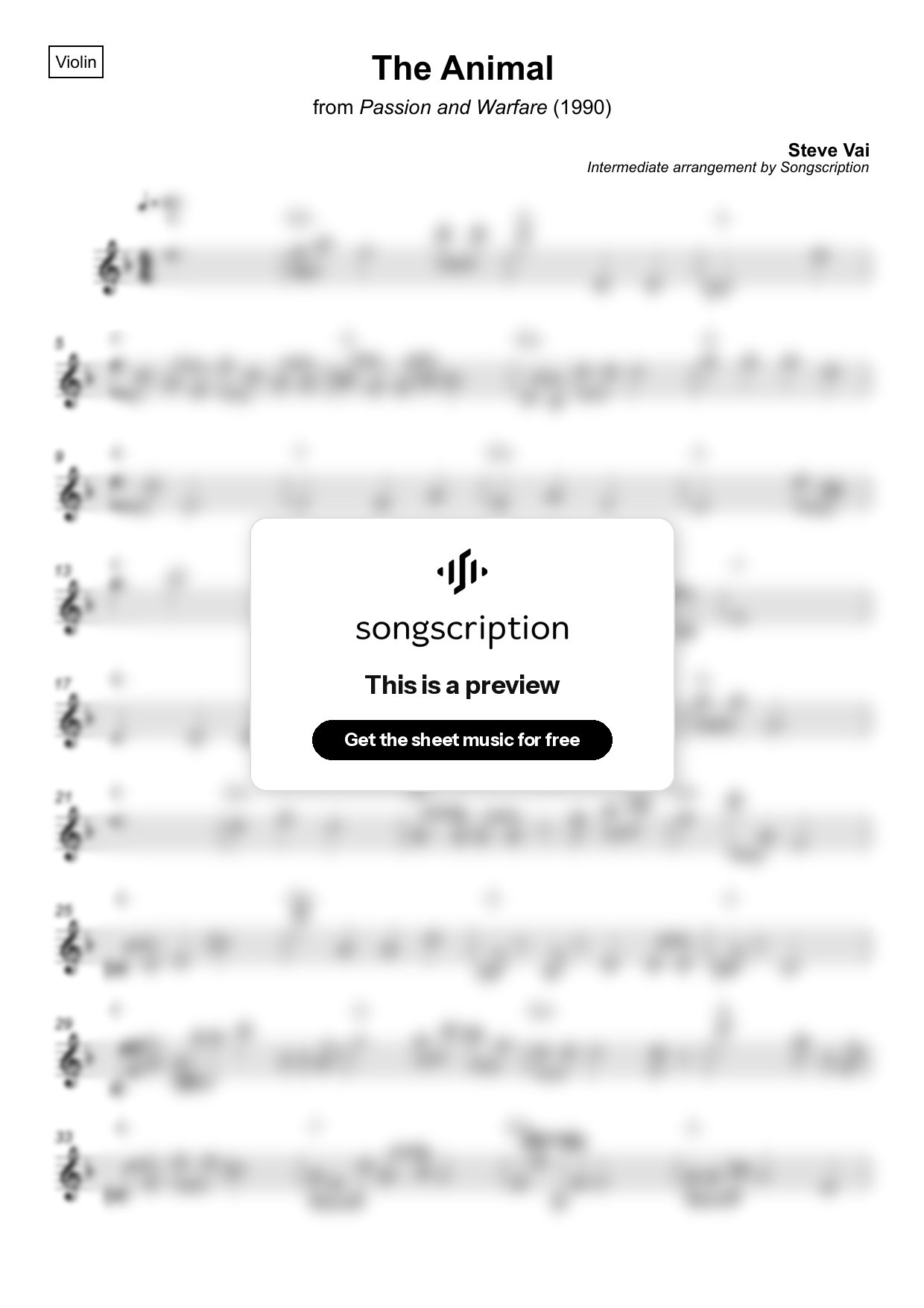 Intermediate Violin Sheet Music for "The Animal" by Steve Vai