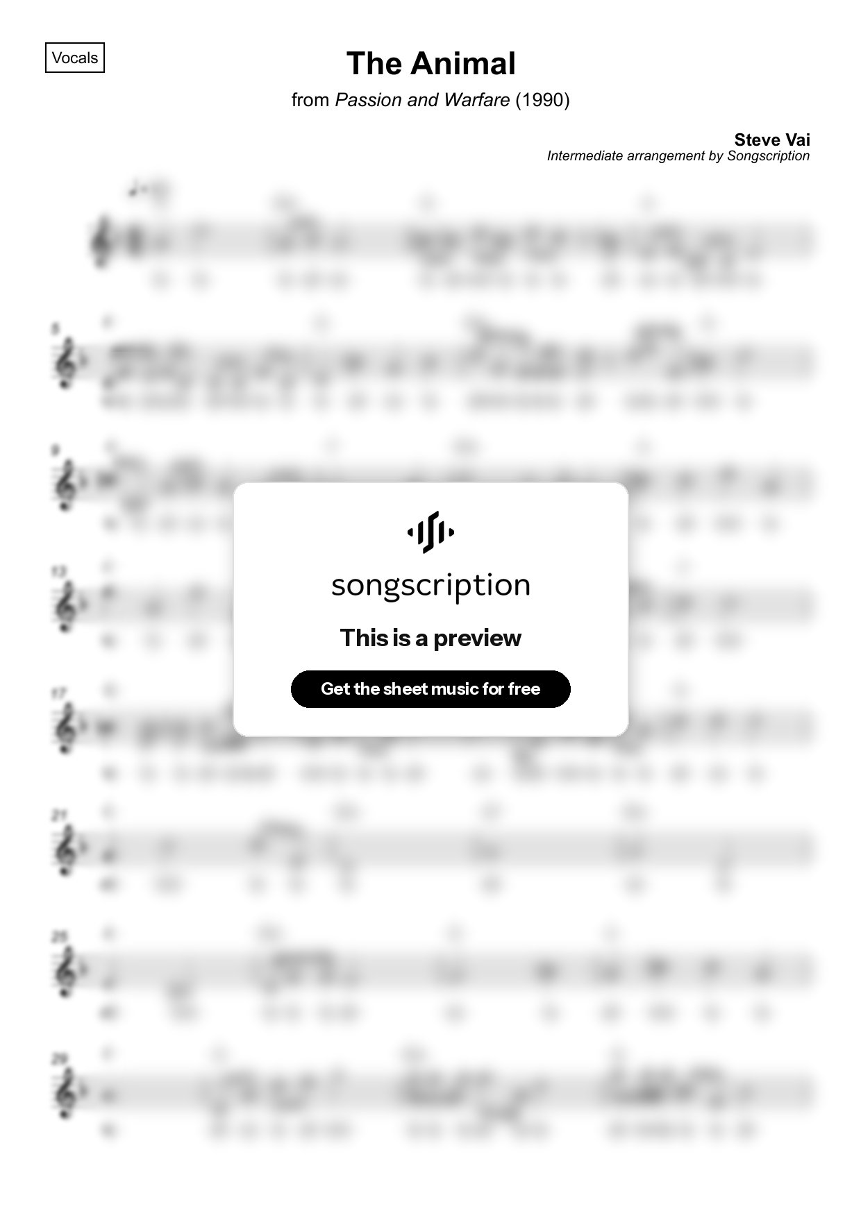 Intermediate Vocals Sheet Music for "The Animal" by Steve Vai