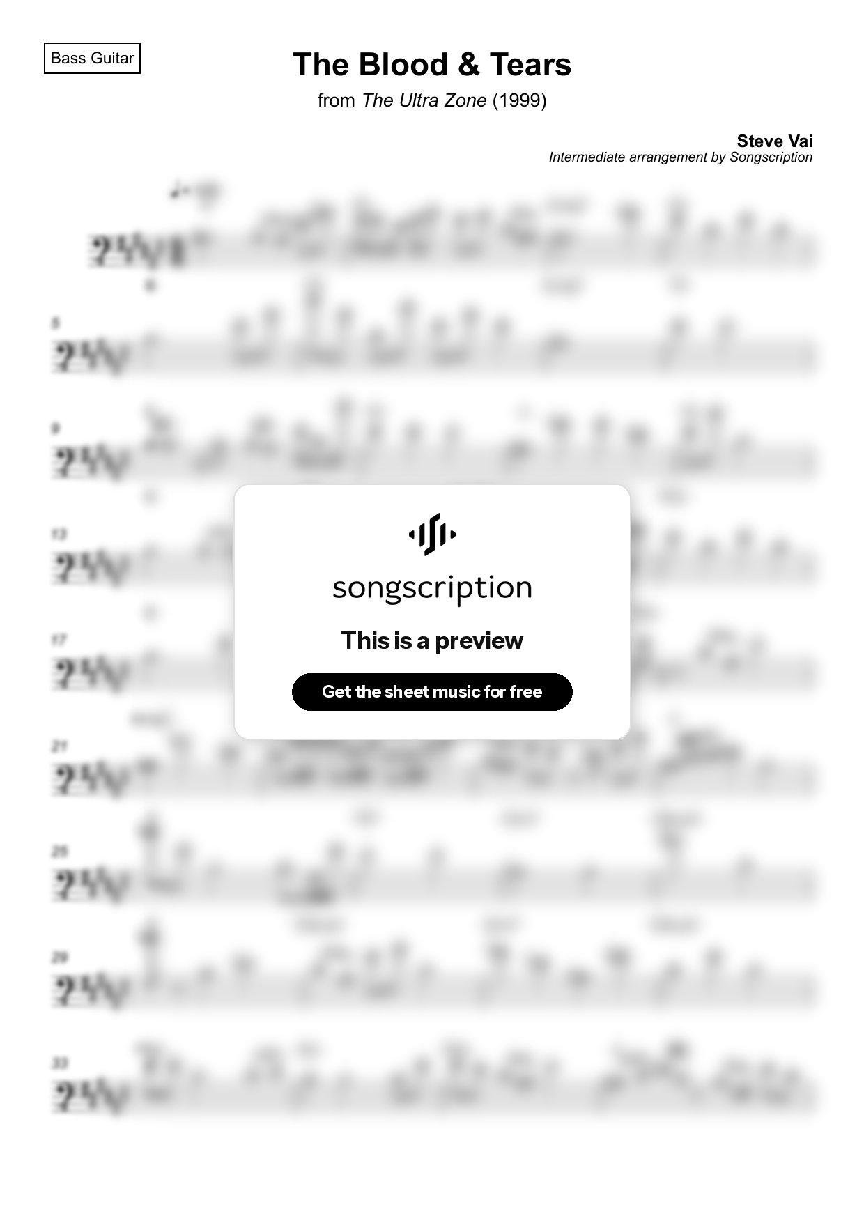 Intermediate Bass Guitar Sheet Music for "The Blood & Tears" by Steve Vai