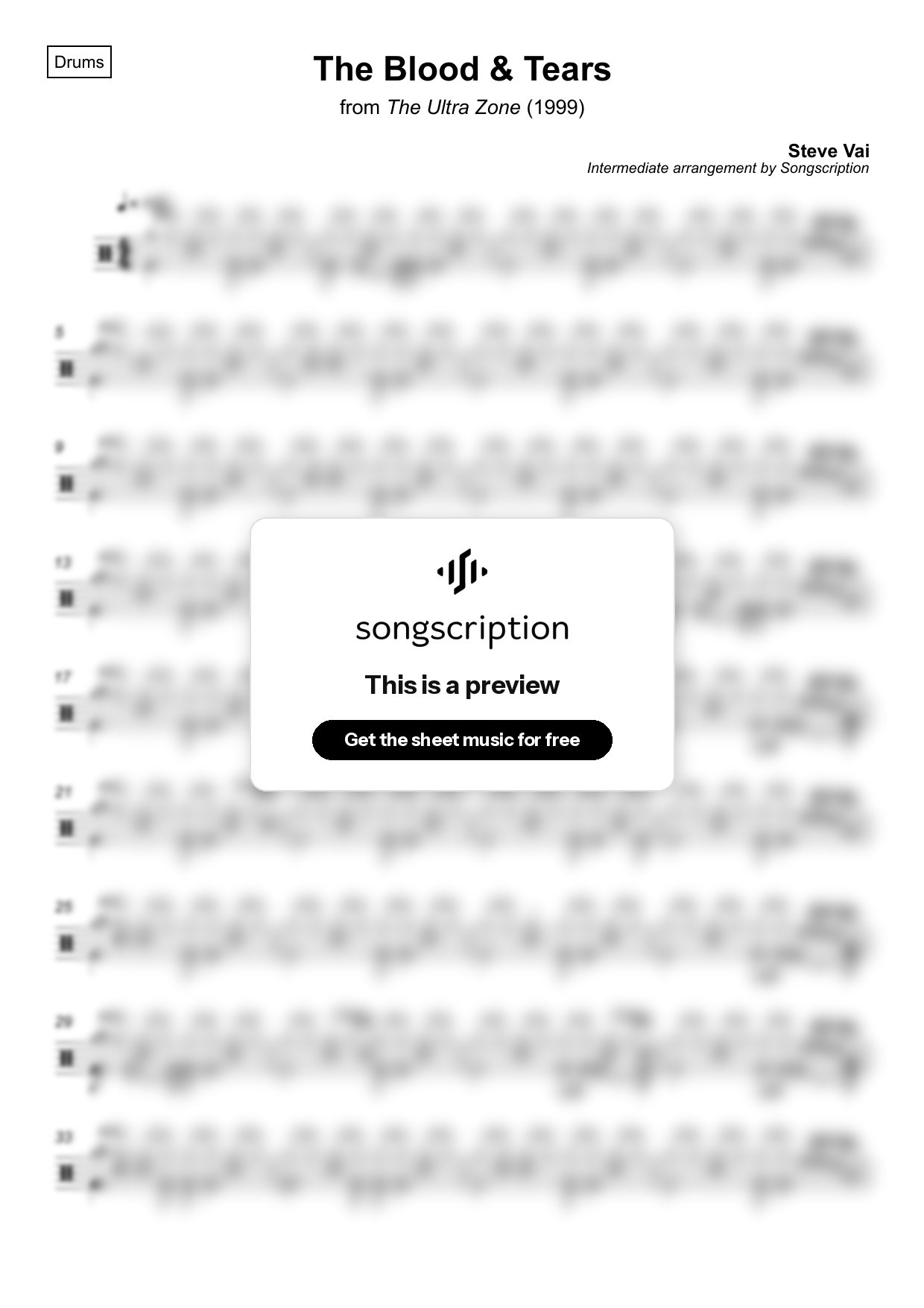 Intermediate Drums Sheet Music for "The Blood & Tears" by Steve Vai
