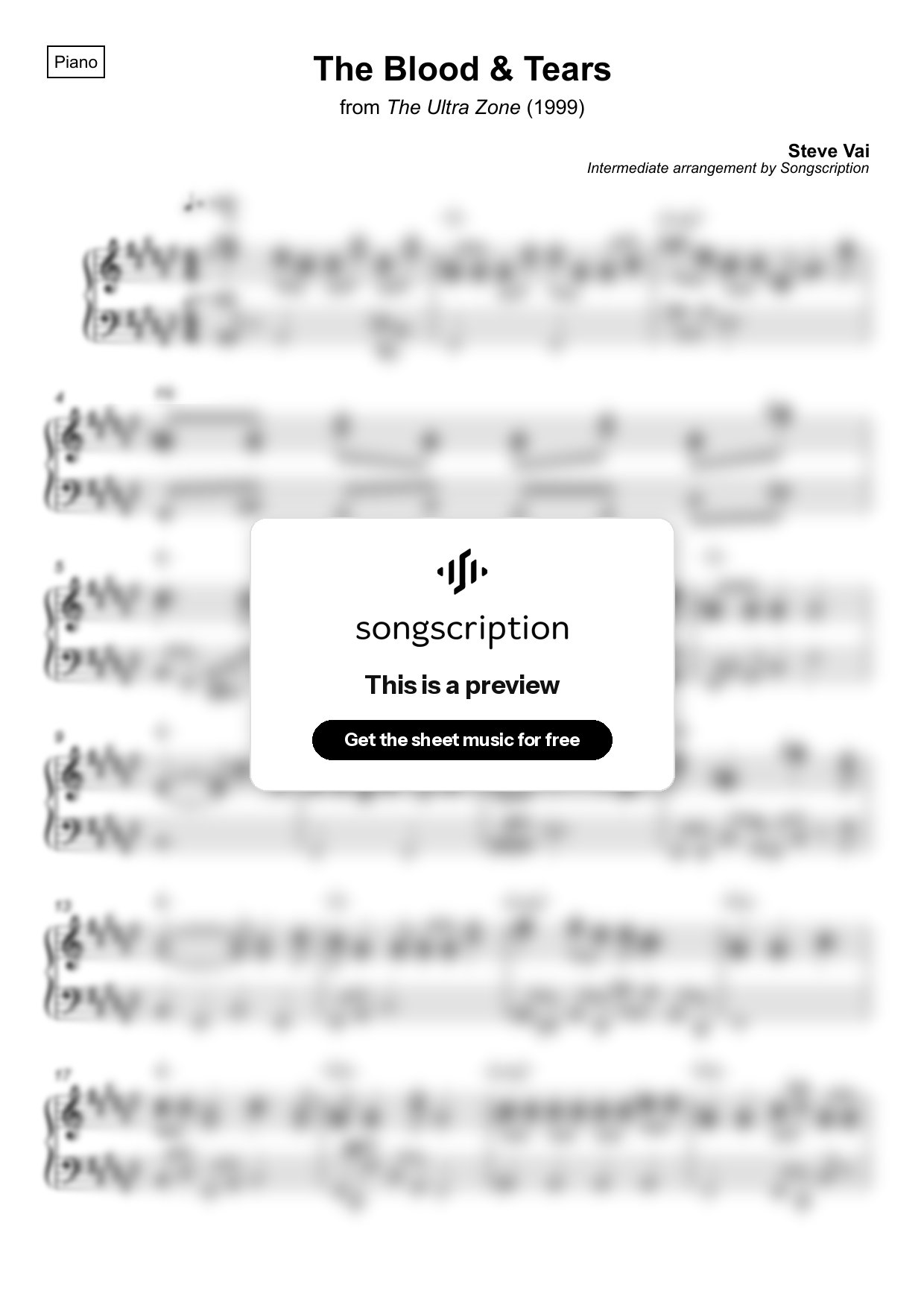 Intermediate Piano Sheet Music for "The Blood & Tears" by Steve Vai